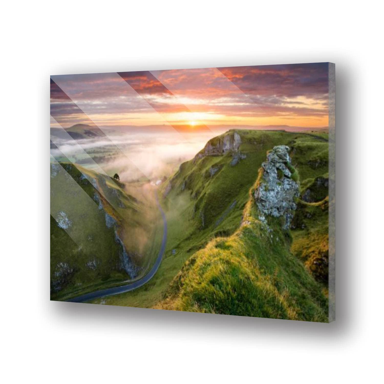 Premium Tempered Acrylic Glass Wall Art - Stunning Winding Road Sunrise in Peak District & Rocky Mountain Sunset - Modern Picture Print for Living Room, Bedroom, Office Decor - Free Floating Mount - Perfect for Home & Office Wall Decor, Gift Idea