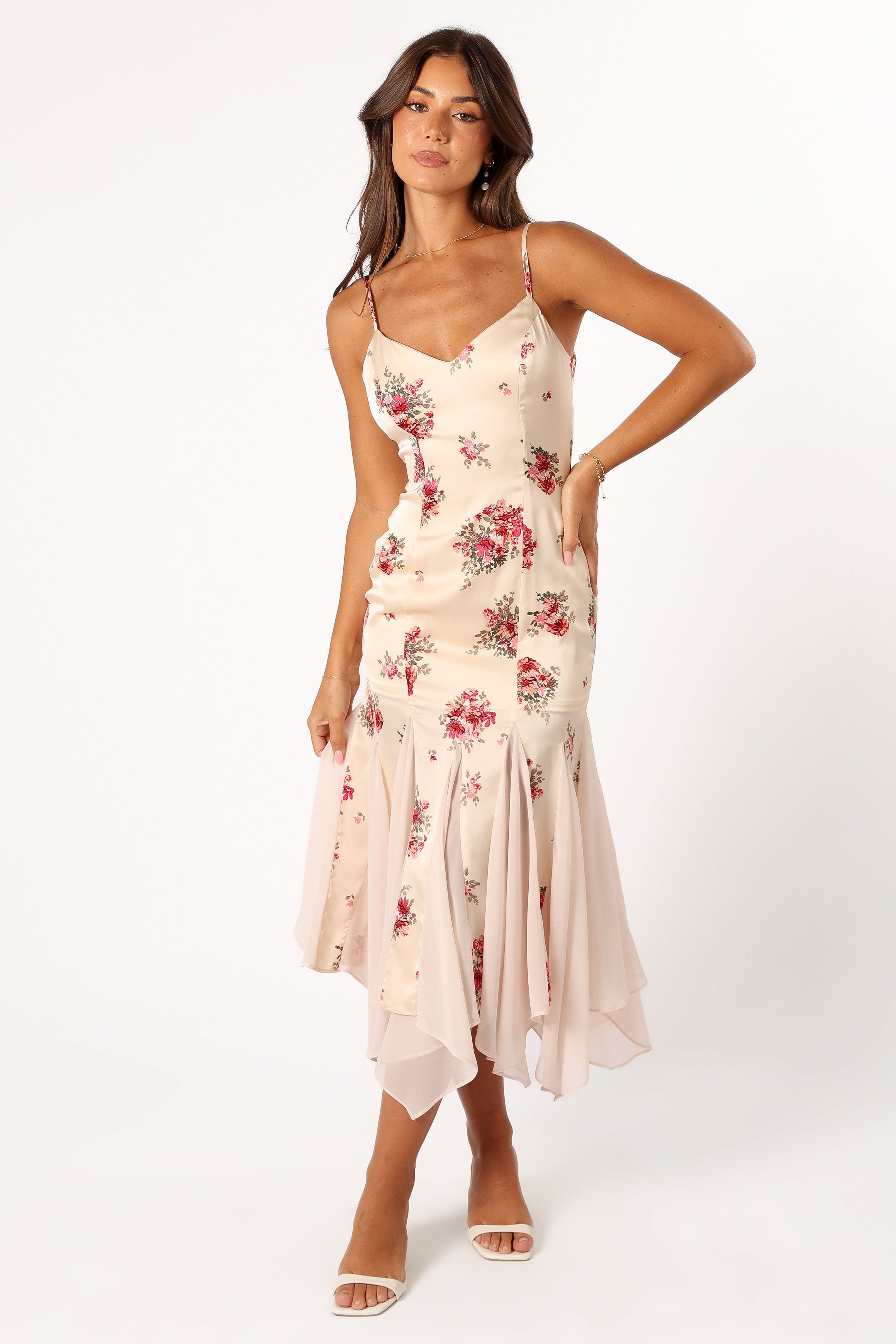 Elegant Cream Floral Midi Dress for Women - Summer Casual & Party Wear - Perfect for Date Nights, Weddings & Office Outfits