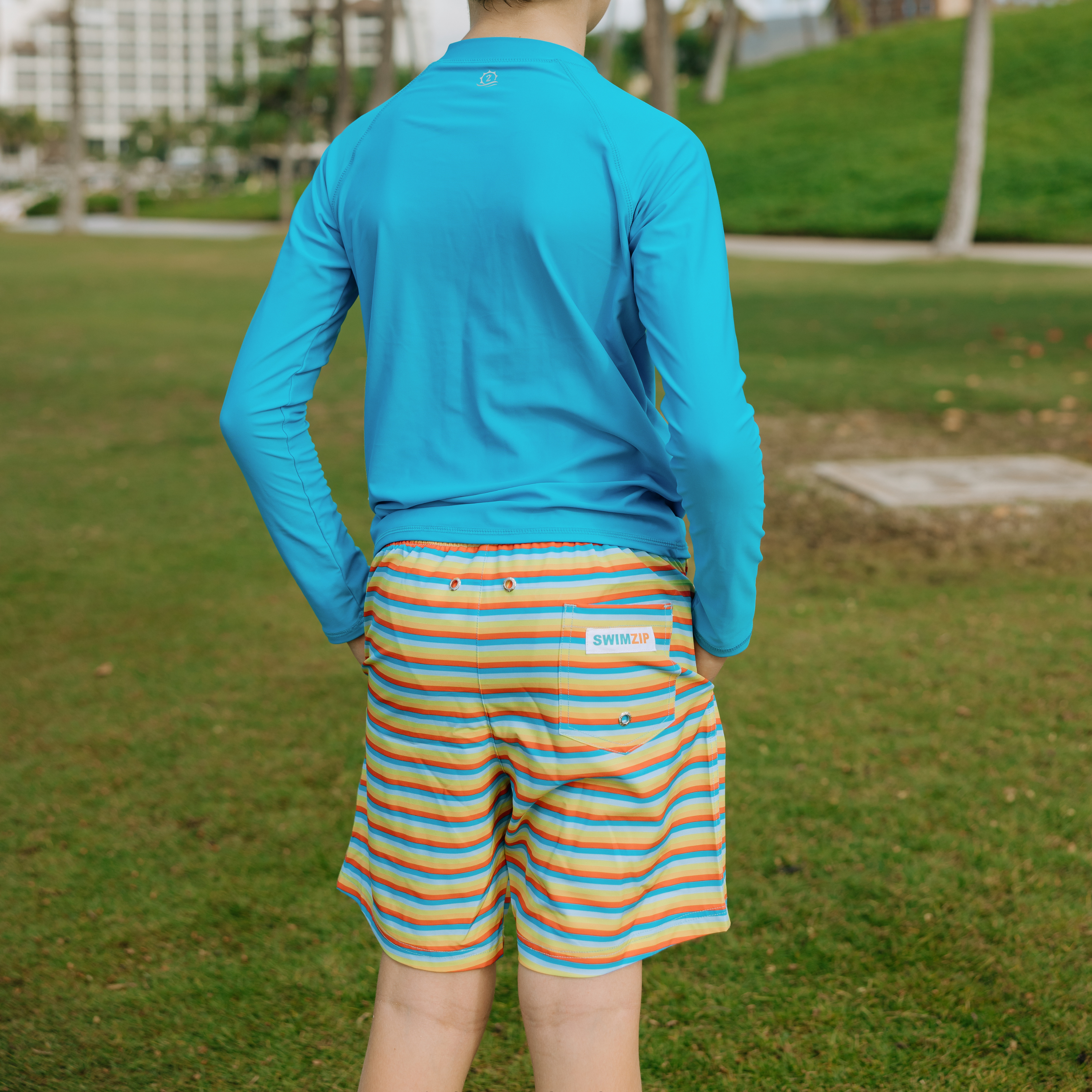 Boys Swim Trunks with Boxer Brief Liner - Quick Dry UPF 50+ Swim Shorts for Kids (Sizes 6-14) | Sunny Stripe Design - Perfect for Beach, Pool & Summer Water Activities