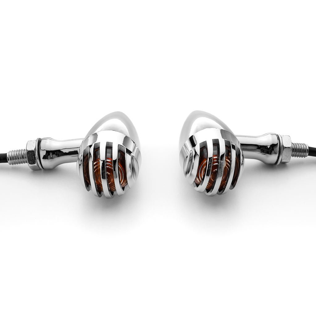 Krator JBM-2003-C Chrome Heavy Duty Motorcycle Turn Signals - 2pcs Finned Scalloped Blinkers for Harley, Cruiser & Chopper Bikes - Enhance Visibility & Style on Night Rides
