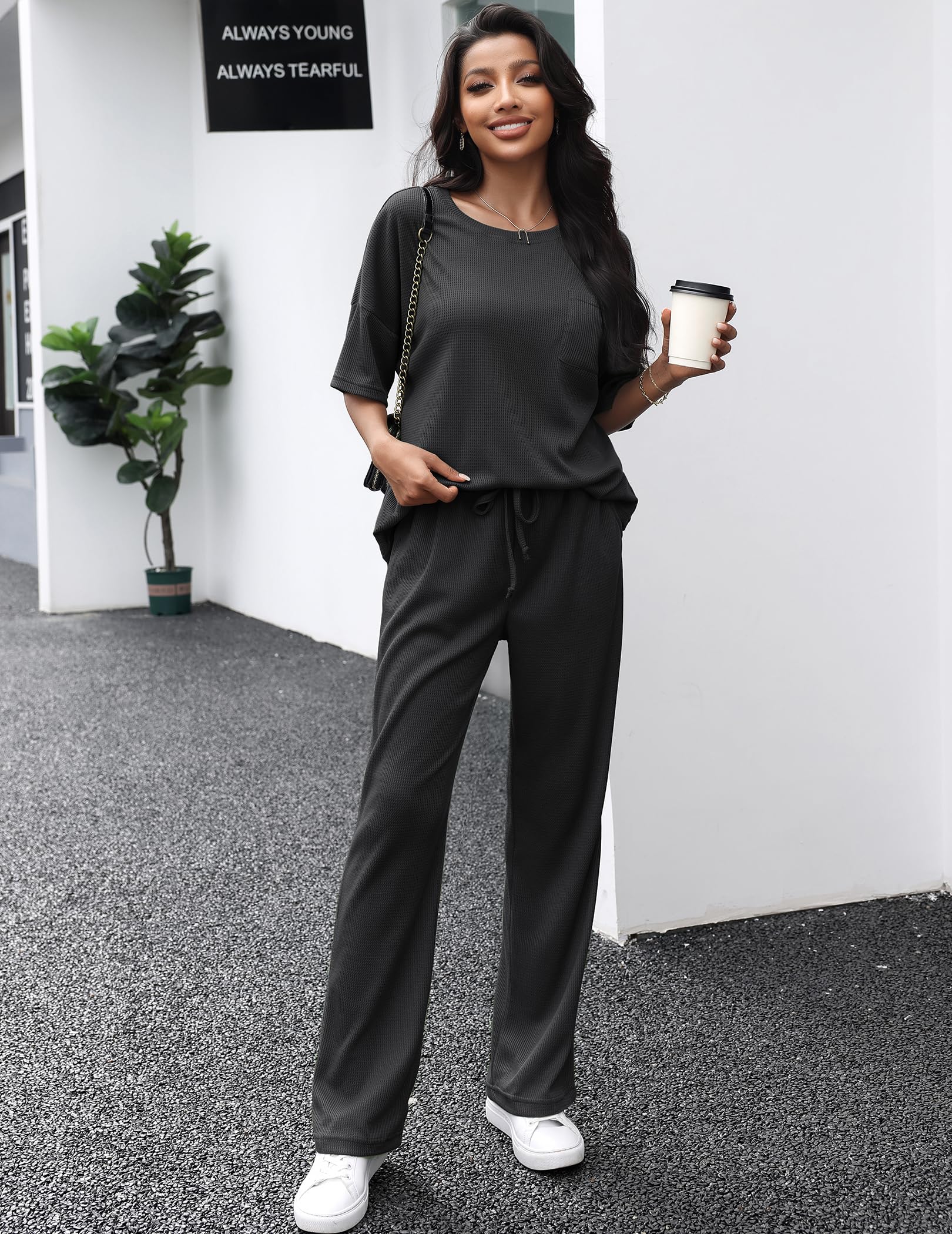 JiniGolla Women's Waffle Knit Pajama Set - Soft Short Sleeve Sleep Shirt & Long Lounge Pants - Cozy Sleepwear for Nighttime Comfort & Relaxation at Home
