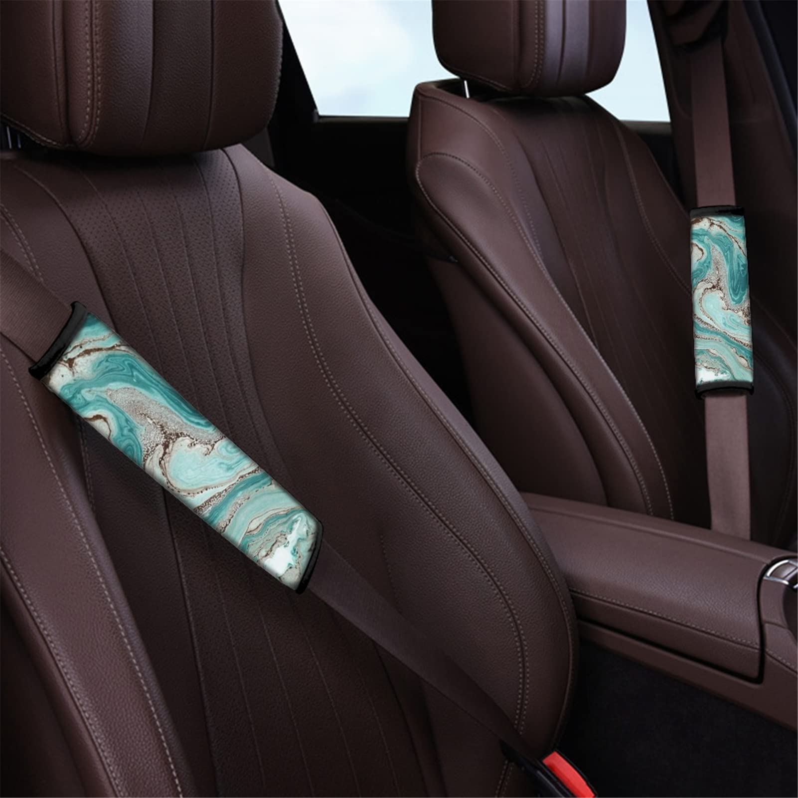 Premium Teal Marble Car Steering Wheel Cover Set - Soft Auto Seat Belt Cover, Armrest Cover & Center Console Pad - Universal Fit for Most SUV, Truck, Sedan - Enhance Comfort & Style for Long Drives & Commutes