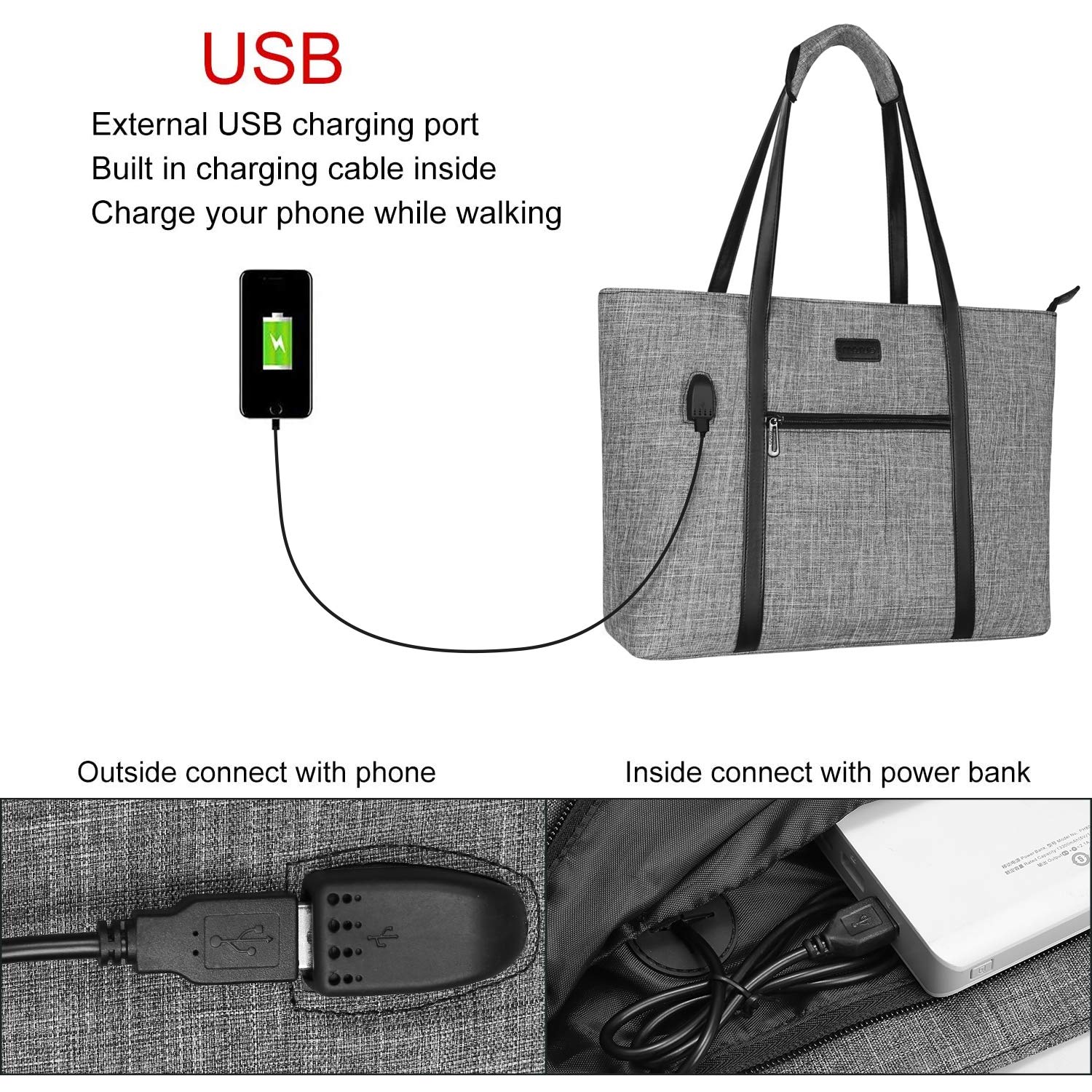 MOSISO Stylish USB Port Laptop Tote Bag for Women - Compatible with MacBook Pro/Air, 17-17.3 Inch Notebook & Chromebook - Water-Resistant Work Travel Business Computer Bag with Detachable Small Purse (Gray) - Perfect for Office Commute, Business Trips & College Use