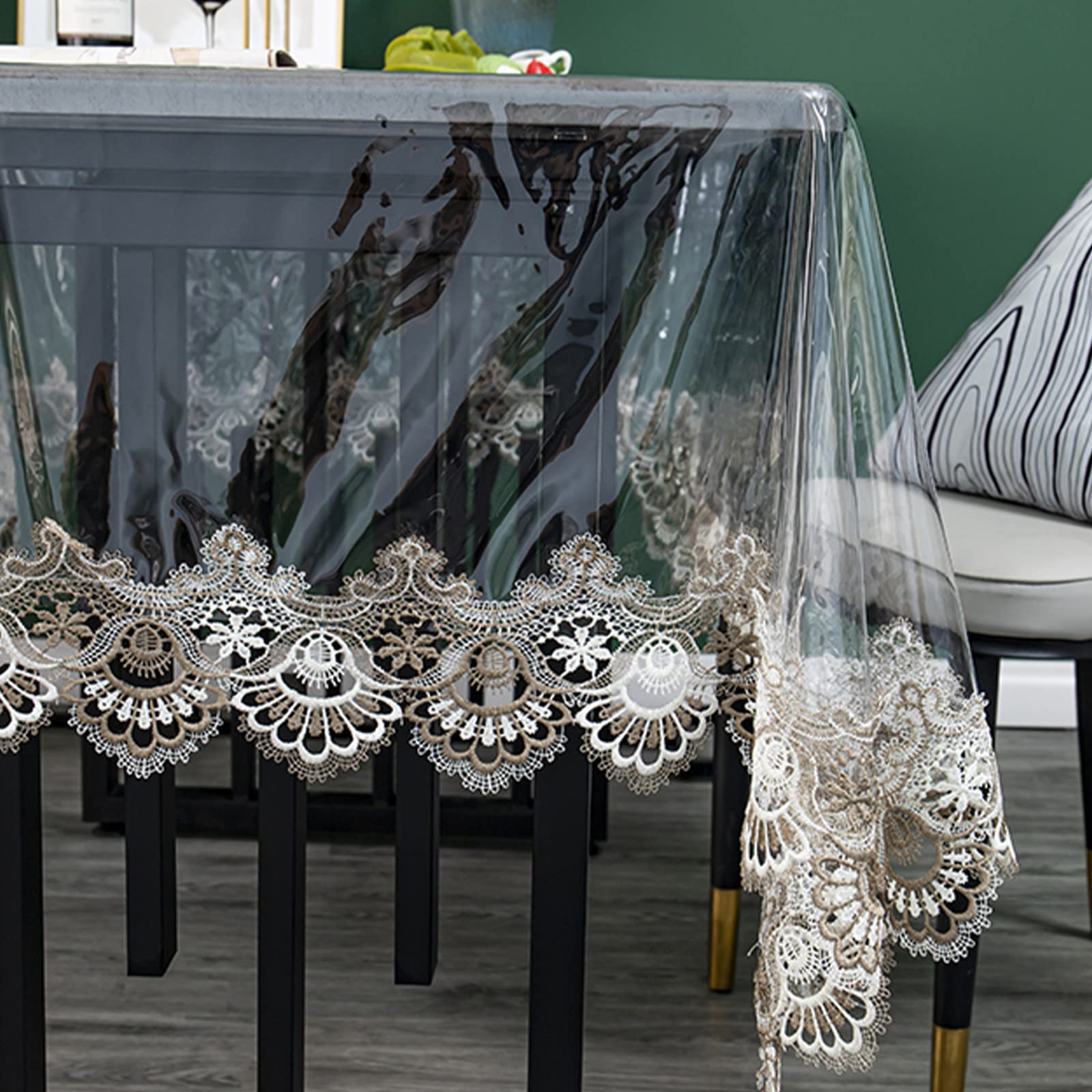 Jeloris Clear Plastic Rectangle Tablecloth - Vinyl PVC Waterproof Table Cover with Embroidered Lace Edge, 60x94 Inch Khaki Fan - Perfect for Kitchen, Dining Room & Coffee Table Protection