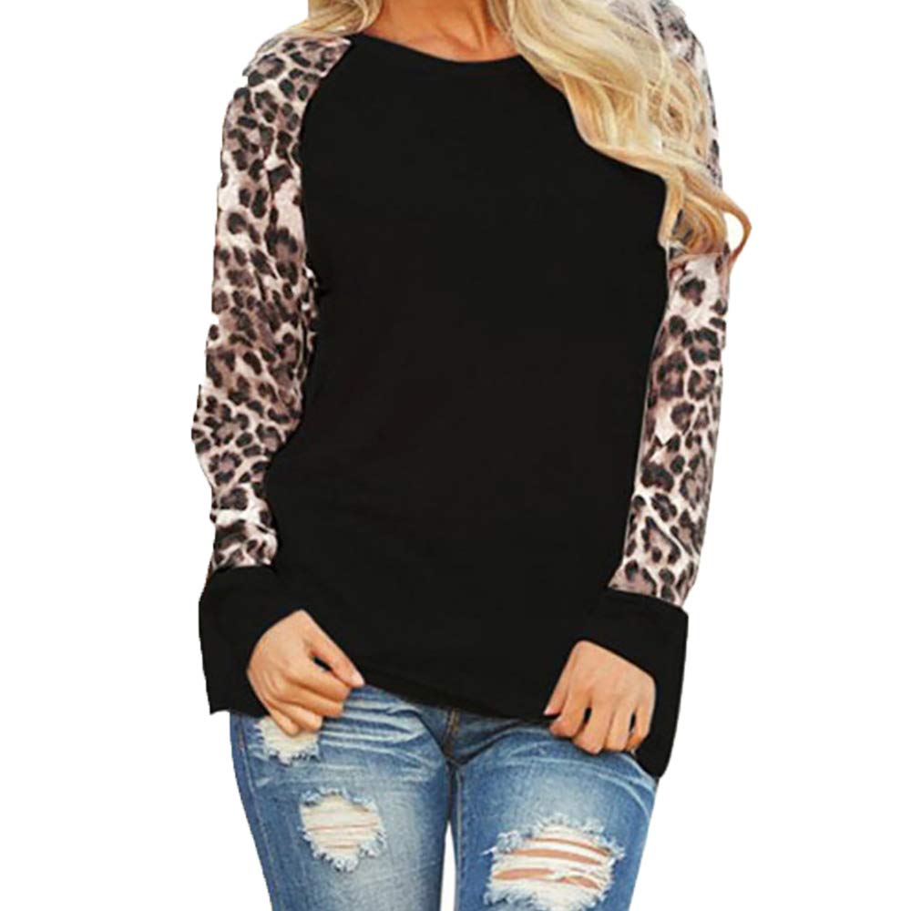 LATINDAY Women's Casual Leopard Print Patchwork T-Shirt - Loose Fit Crewneck Long Sleeve Raglan Pullover Top for Everyday Wear, Street Style & Layering Outfits