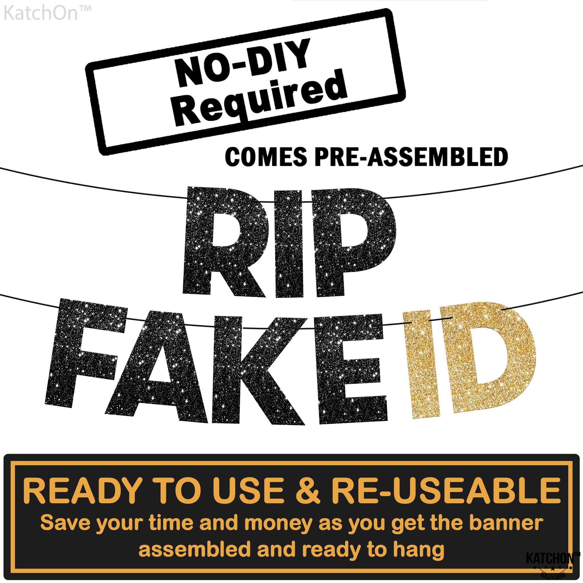 KatchOn Glitter RIP Fake ID Banner Black and Gold - 10ft Prestrung Birthday Decor | Perfect for 21st Birthday Party, Golden Themed Decorations for Him | Ideal for Birthday Celebrations, Home & Party Decor