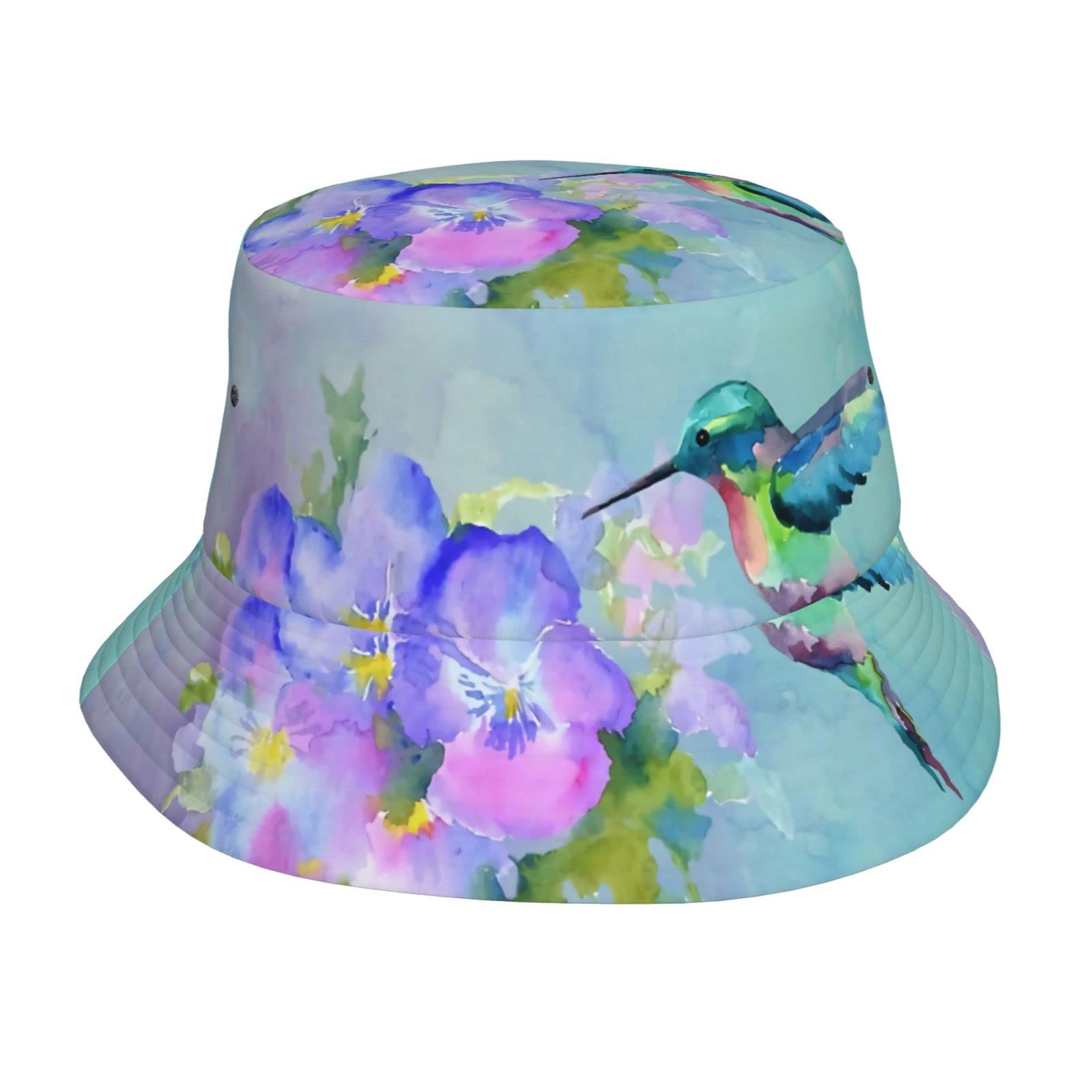 Hummingbird & Pansies Bucket Hat - Unisex Sun Protection Hat for Women & Men - Fashionable Fisherman Hat for Beach, Fishing & Outdoor Activities - Black Summer Accessory