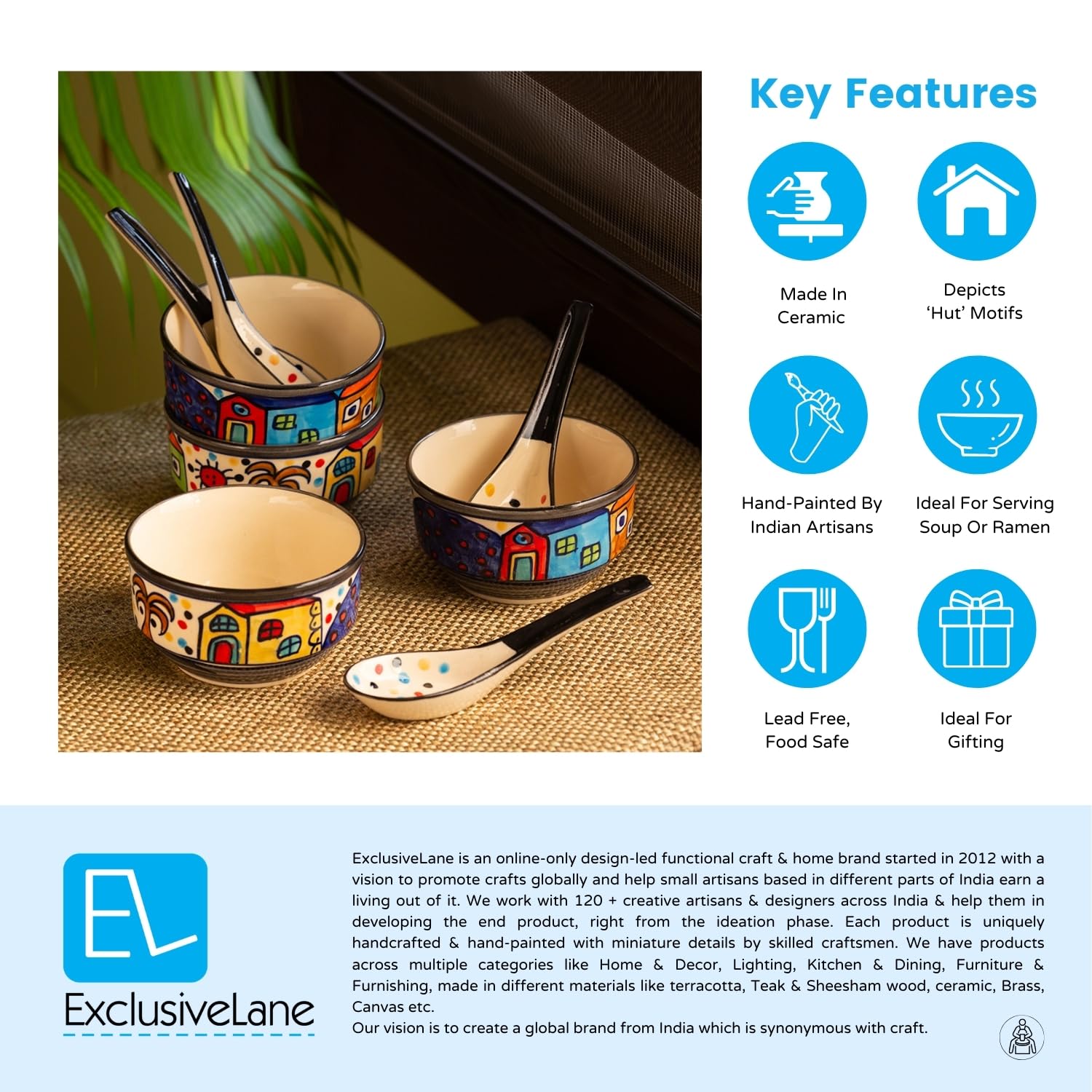 ExclusiveLane 'Soupy Huts' Handpainted Ceramic Soup Bowl with Spoon Set of 4 (260ml, Dishwasher & Microwave Safe) | Elegant Soup Bowls for Family Dining, Restaurant Use & Gift Giving