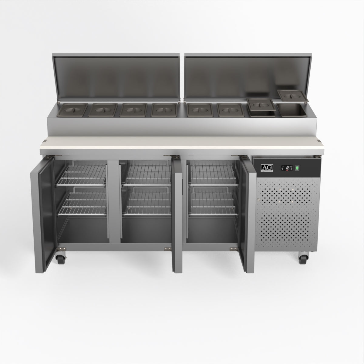 AG 3 Door Commercial Saladette Refrigerator - Holds 8 x 1/3 GN Food Storage Trays - Perfect for Restaurants, Delis & Catering Businesses