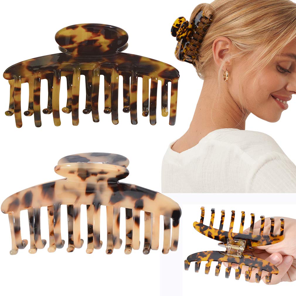 Big Claw Hair Clips for Women - 3.8 Inch Tortoise Banana French Hair Clips for Thin & Thick Hair - Strong Hold Celluloid Hair Claws with Leopard Print - 2 Pack (2 Colors) - Perfect for Office, Party & Everyday Hairstyles