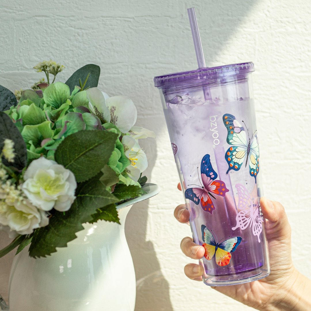 24oz Double Wall Insulated Plastic Tumbler with Lid & Straw - Butterfly Purple | Leak-Proof Travel Mug for Coffee, Tea & Cold Drinks | Office, Gym & Outdoor Use