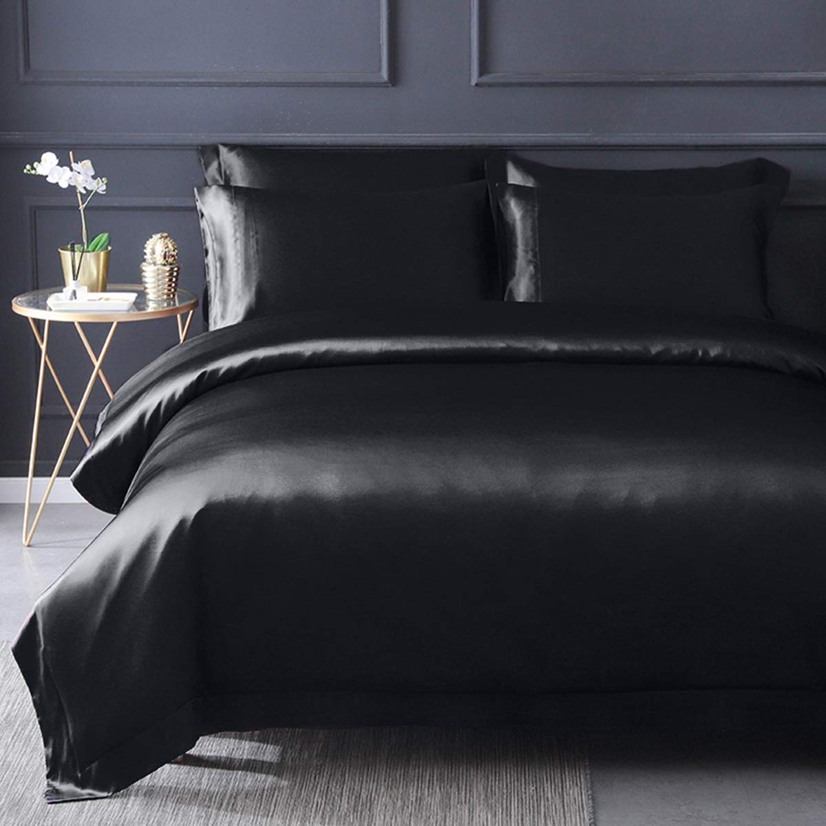 Orose 25 Momme 100% Mulberry Silk Duvet Cover - Queen Size Luxury Bedding Set with Silk Sheets (Black) | Soft & Breathable for All-Season Comfort | Perfect for Master Bedroom, Hotel Style Decor & Gift Giving