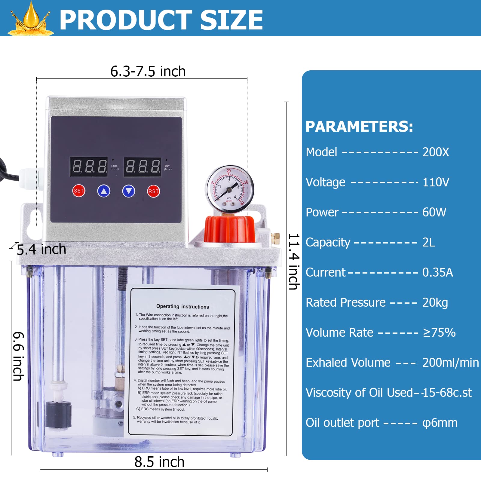 Automatic Lubricating Oil Pump 2L Alloy Gear Pump - CNC Machine Lubrication System with 110V Motor, Double Digital Display & 4Mpa Pressure Gauge (200X) - Perfect for Industrial Machinery Maintenance & Workshop Equipment