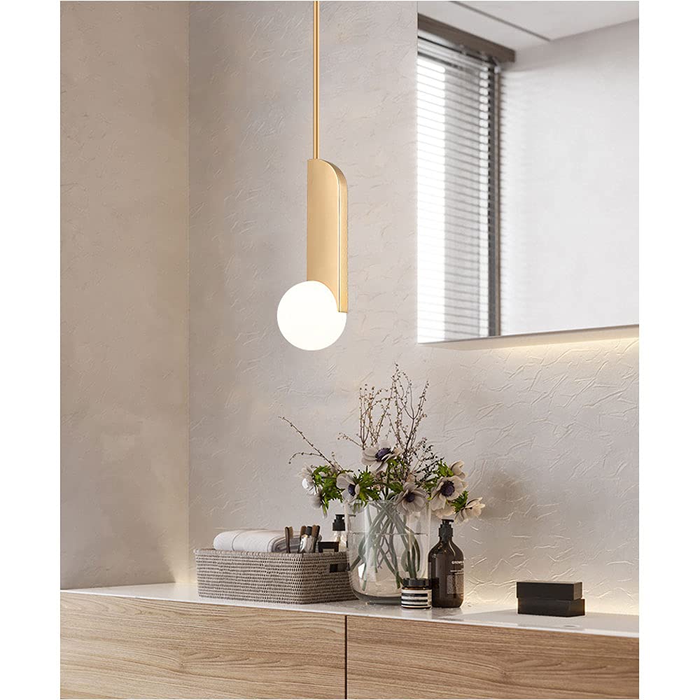 Nordic Minimalist Geometric Pendant Lamp - White Glass Shade with Gold Electroplated Frame - Modern Hanging Light for Study, Bedroom, Bar & Dining Room - Perfect for Ambient and Task Lighting
