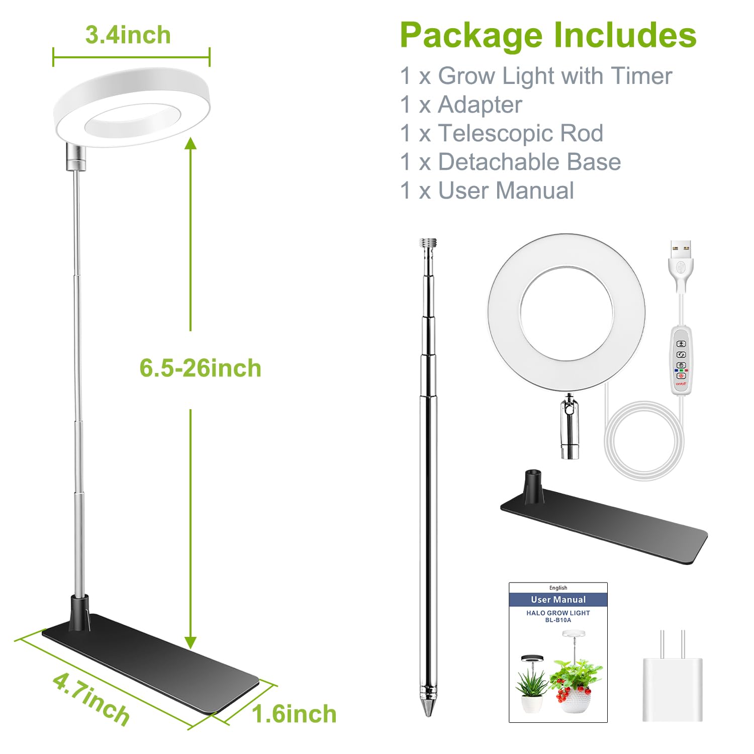 Full Spectrum LED Grow Lights for Indoor Plants - Adjustable Height, 10-Level Dimmer & Auto Timer - Perfect for Succulents, Herbs & Small Plants in Home, Office or Greenhouse