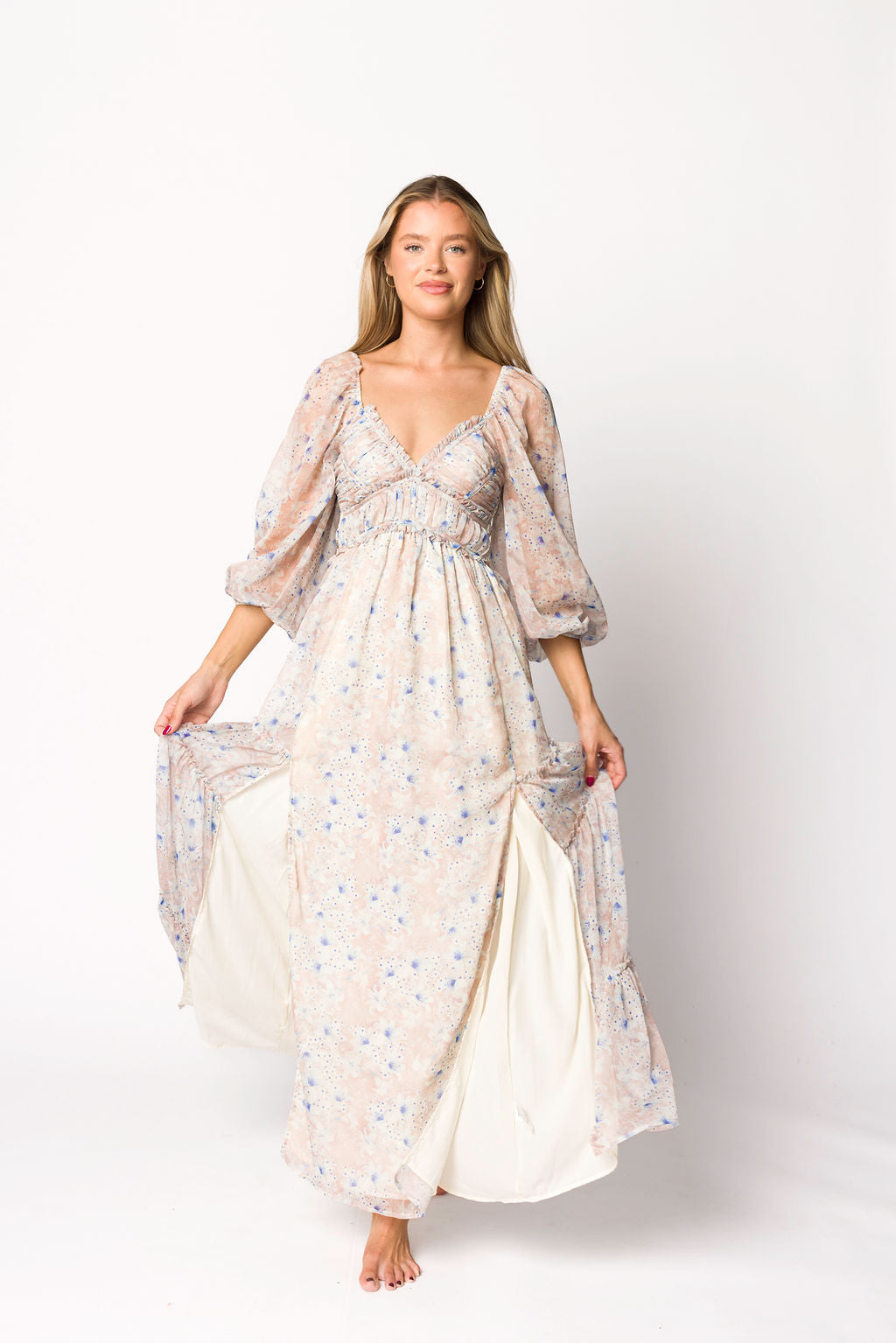 Bump Friendly Daphne Long Sleeve Maxi Dress - Floral Maternity Dress in Beige & Blue, Inclusive Sizing XS to 3XL | Perfect for Pregnancy, Nursing, and Special Occasions