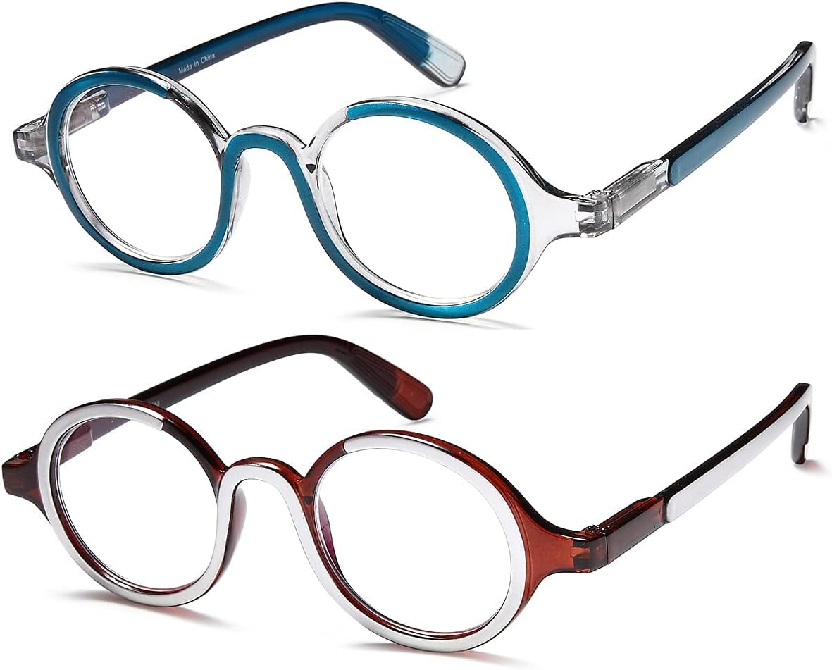 Blue Light Blocking Reading Glasses for Women & Men - Retro Round Computer Glasses 2 Pack with Spring Hinge (2.25 Strength) - Perfect for Office Work, Screen Time & Night Reading