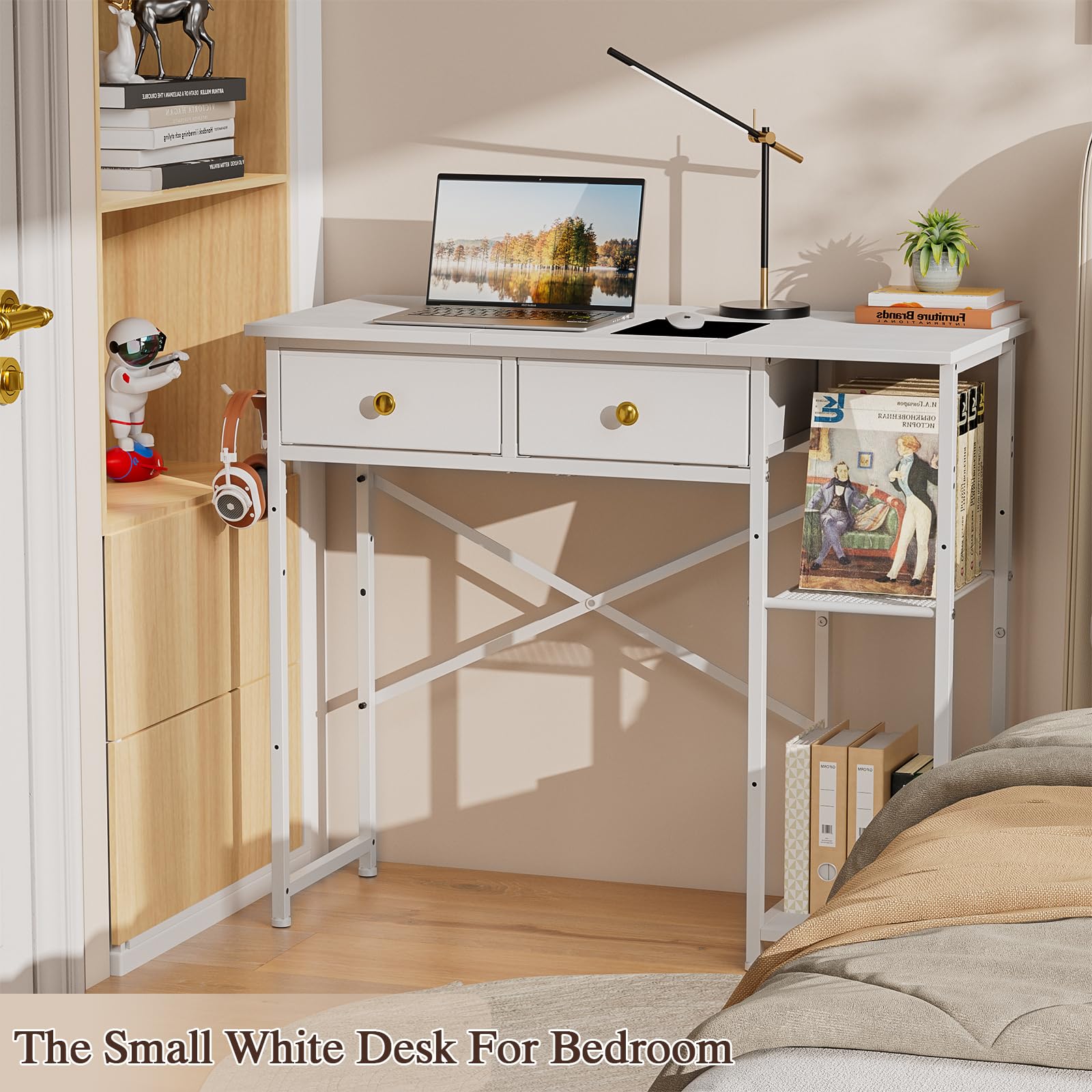 White Computer Desk 36 Inch - Small Desk with Drawers & Storage Shelves, Compact Home Office Desk for Bedroom, Living Room, Dorm | Space-Saving Vanity Desk for Small Spaces (White) - Perfect for Remote Work, Study & Makeup Station