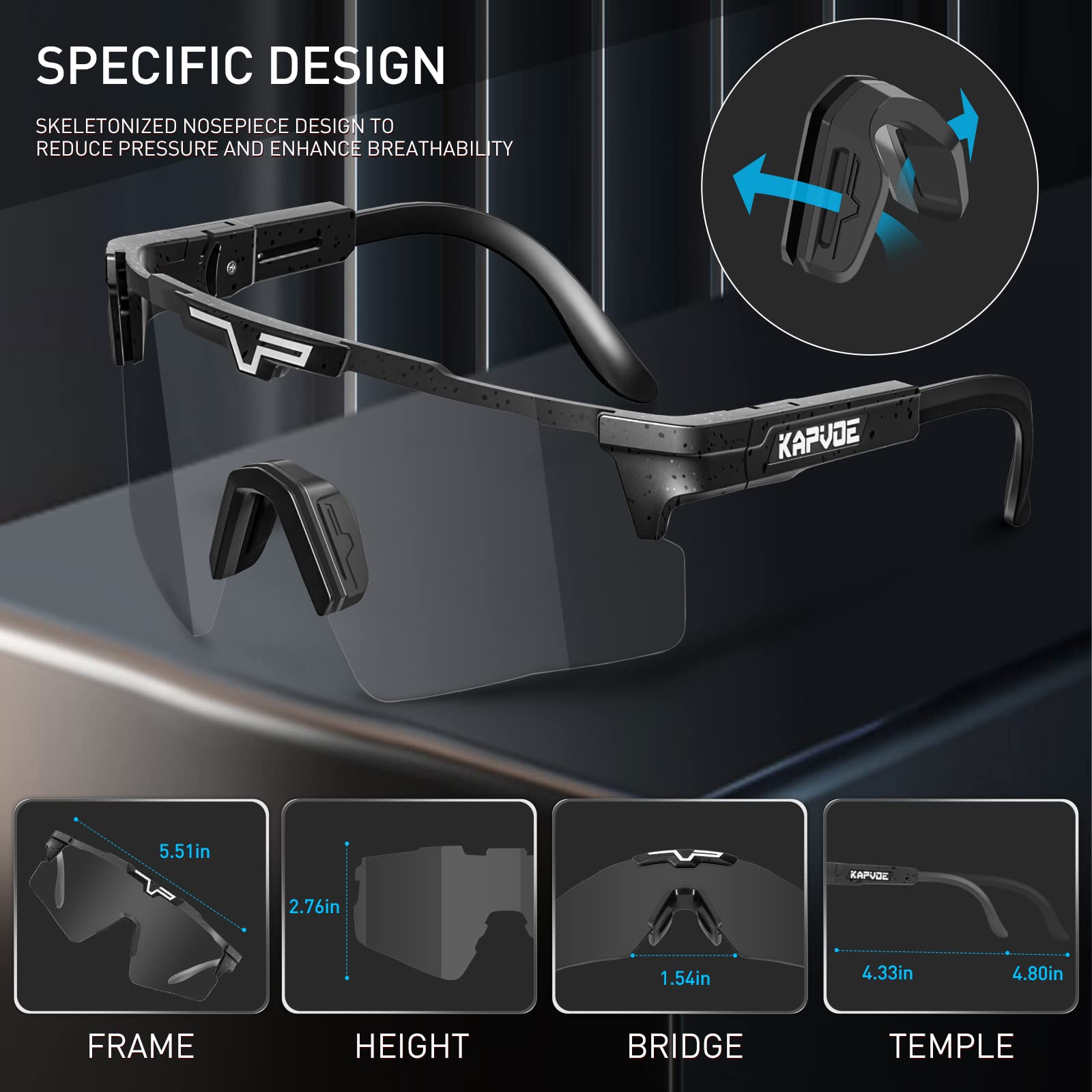 KAPVOE Photochromic Cycling Glasses for Men & Women - UV Protection Sports Sunglasses for Mountain Biking, Road Cycling & Outdoor Activities | Clear to Dark Lens Transition | Lightweight & Durable MTB Glasses for All-Day Comfort