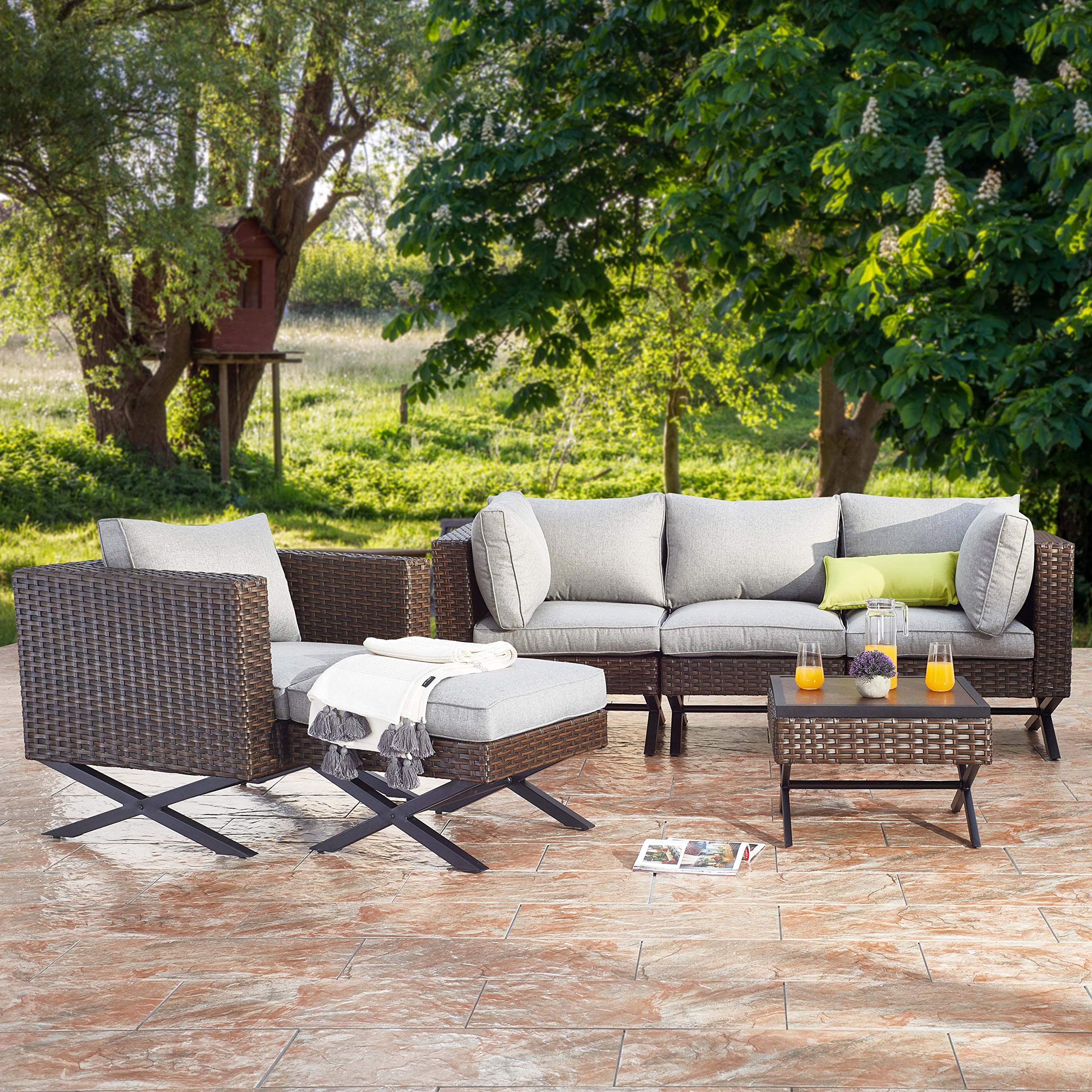 PatioFestival 6-Piece X-Leg Sectional Outdoor Conversation Set with All-Weather Cushions - Perfect for Backyard, Garden & Poolside Relaxation