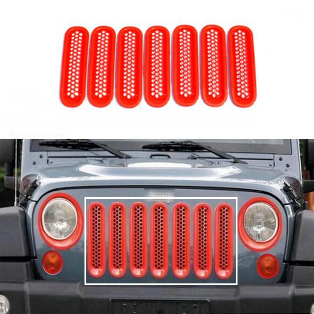 7-Piece Red Honeycomb Punch Grille Mesh Insert Trim Cover for 2007-2017 Jeep Wrangler JK - Front Bumper Decoration & Off-Road Style Upgrade