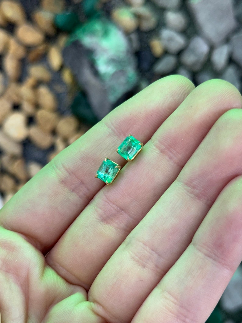 2.21tcw 18K Gold Vivid Green Emerald Cut Stud Earrings for Men & Women | Luxury Prong Set Gemstone Jewelry for Parties, Weddings & Special Occasions
