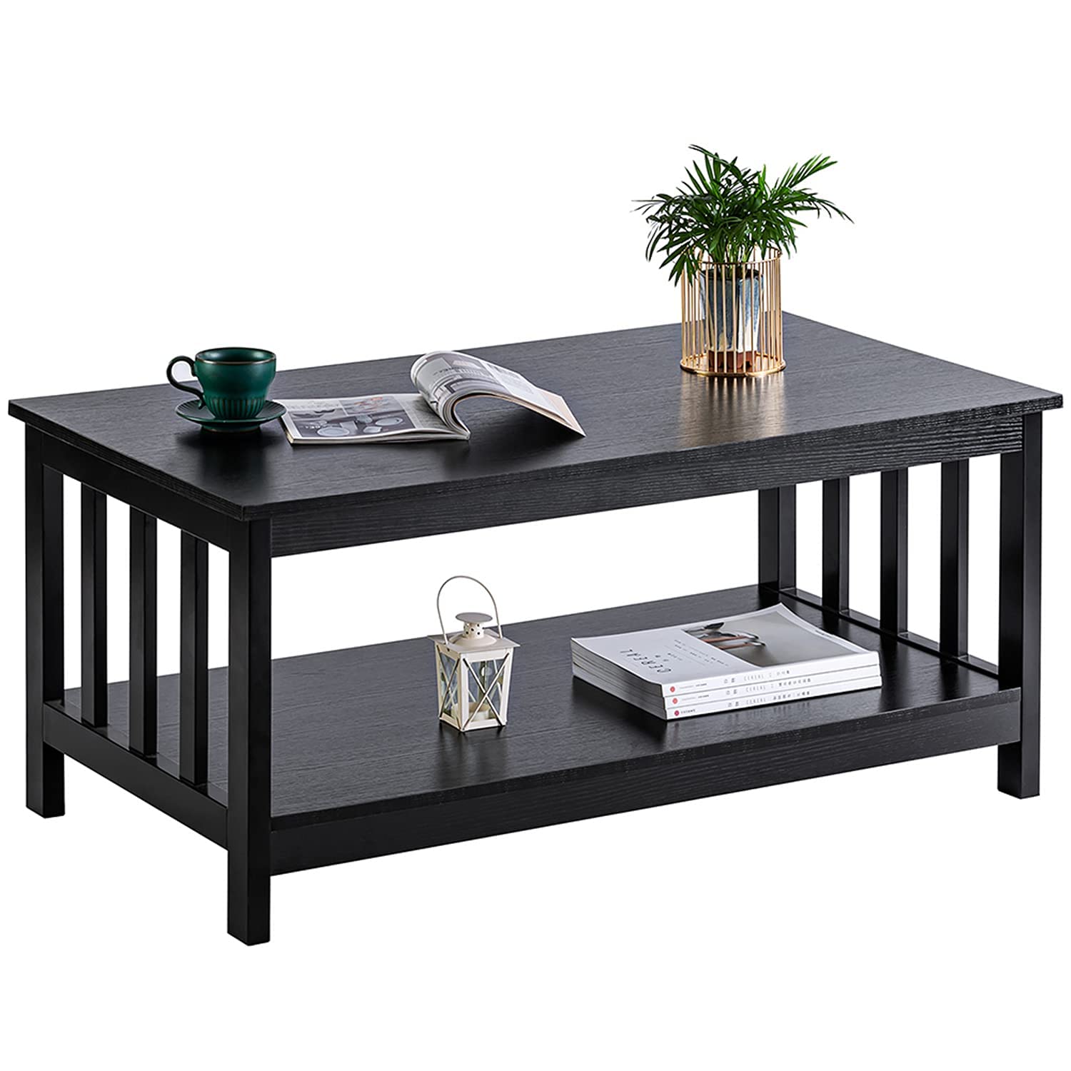ChooChoo Mission Coffee Table - 40 Inch Black Wood Living Room Table with Shelf | Stylish & Functional Centerpiece for Small Spaces, Apartments, and Modern Home Decor