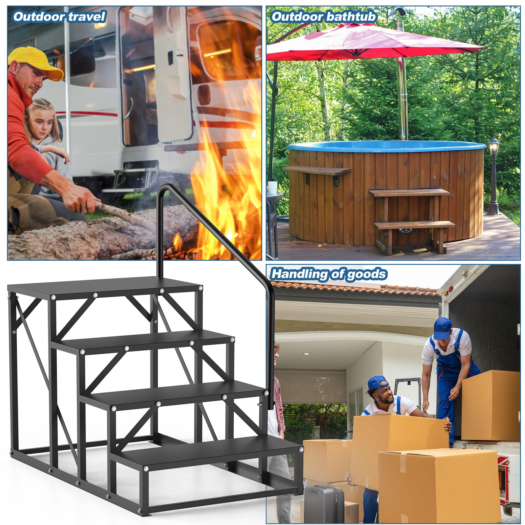 4-Step Hot Tub Steps with Handrail - Heavy Duty Black Metal RV Stairs for Mobile Homes, Outdoor Porch & Above Ground Pool Access - Non-Slip Safety Steps for Spa, Deck, and Camper Use