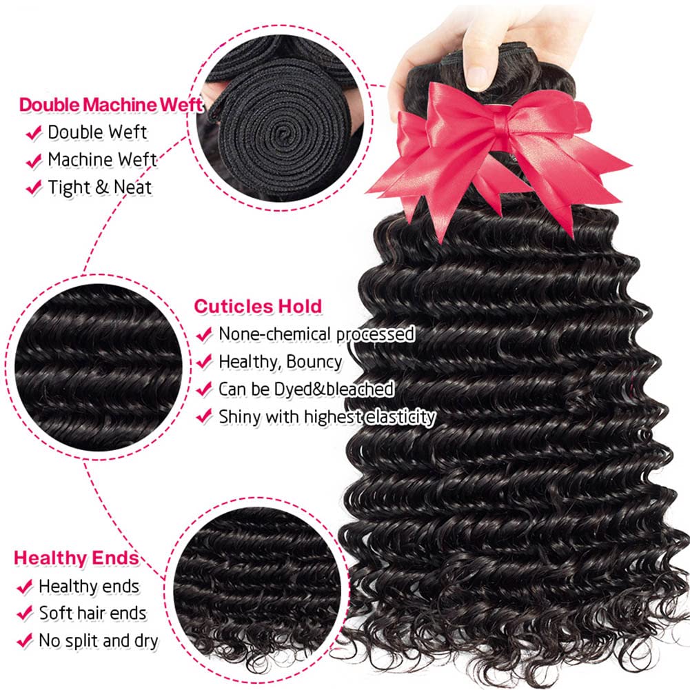 Mariska Deep Wave Brazilian Human Hair Bundles - 3 Bundles Unprocessed Virgin Remy Hair for Weaving (12/14/16 Inch, Natural Black) - Perfect for Wigs, Extensions & Protective Styles
