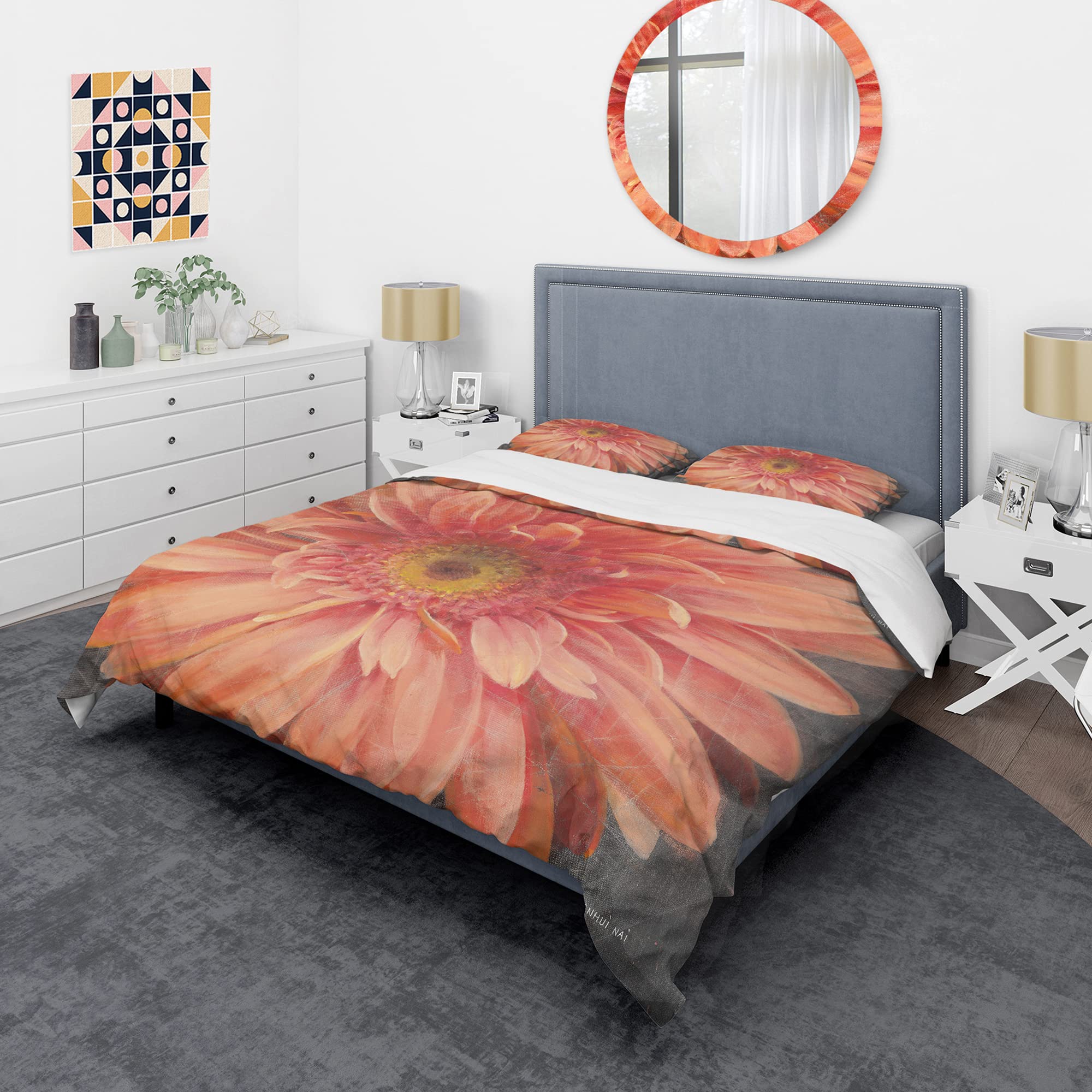 DesignQ Vivid Orange Daisy II Shabby Chic Duvet Cover Set - King Size Pink Floral Bedding (3-Piece) for All Seasons | Perfect for Vintage Bedroom Decor & Boho Home Styling