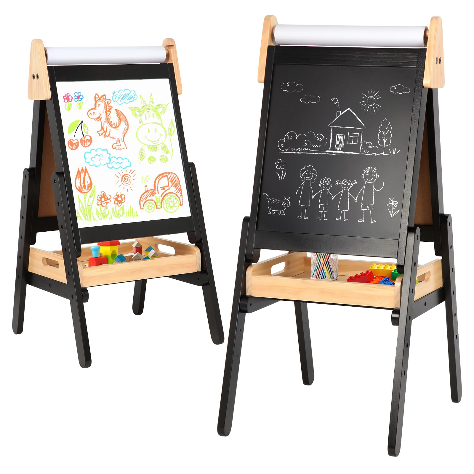 3 in 1 Adjustable Height Kids Easel with Wood Tray - Double Sided Magnetic Chalkboard & Whiteboard, Includes Paper Roll - Perfect for Toddlers Age 2+ (Black) | Ideal for Home, Classroom & Preschool Art Activities, Drawing & Learning