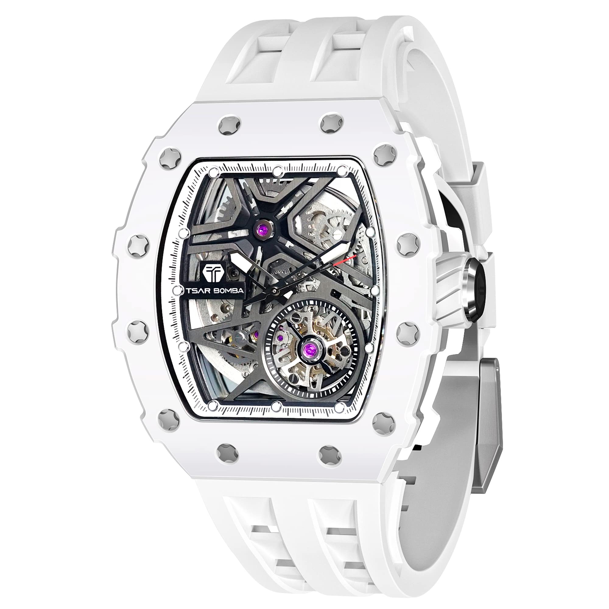TSAR BOMBA Men's Luxury Automatic Skeleton Watch - Silver Square Big Face with Silicone Strap - 50M Waterproof Analog Watch for Business, Casual & Formal Wear - Unique Cool Mens Wristwatch for Work, Office & Special Occasions