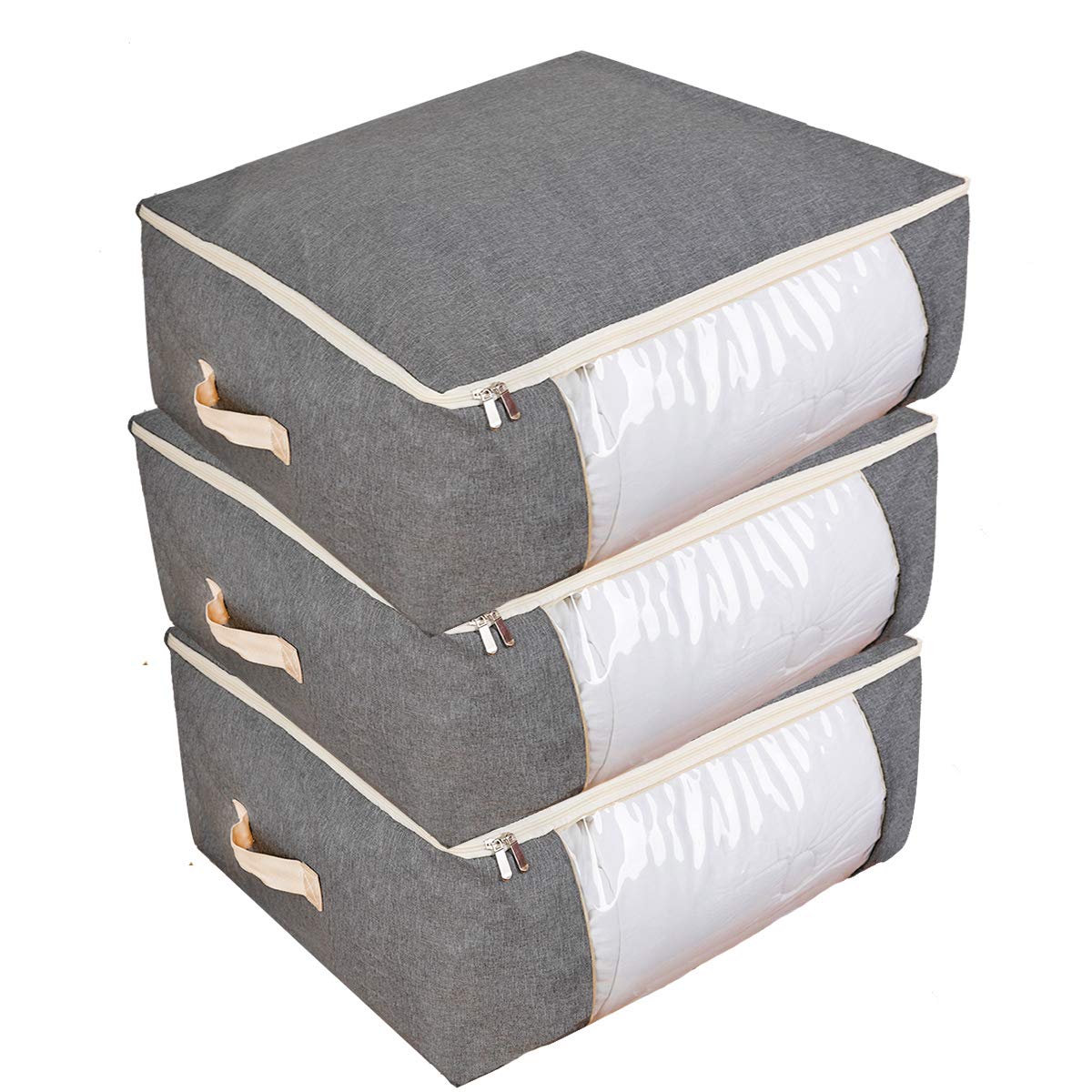 Qozary 3-Pack Large Under Bed Storage Bags for Comforters, Blankets, Clothes, Quilts & Towels - Heavy Duty Vacuum Seal Organizer (Gray, 53L - 22.8x15.7x9 Inches) - Perfect for Bedroom Closet, Seasonal Storage & Space Saving Solutions