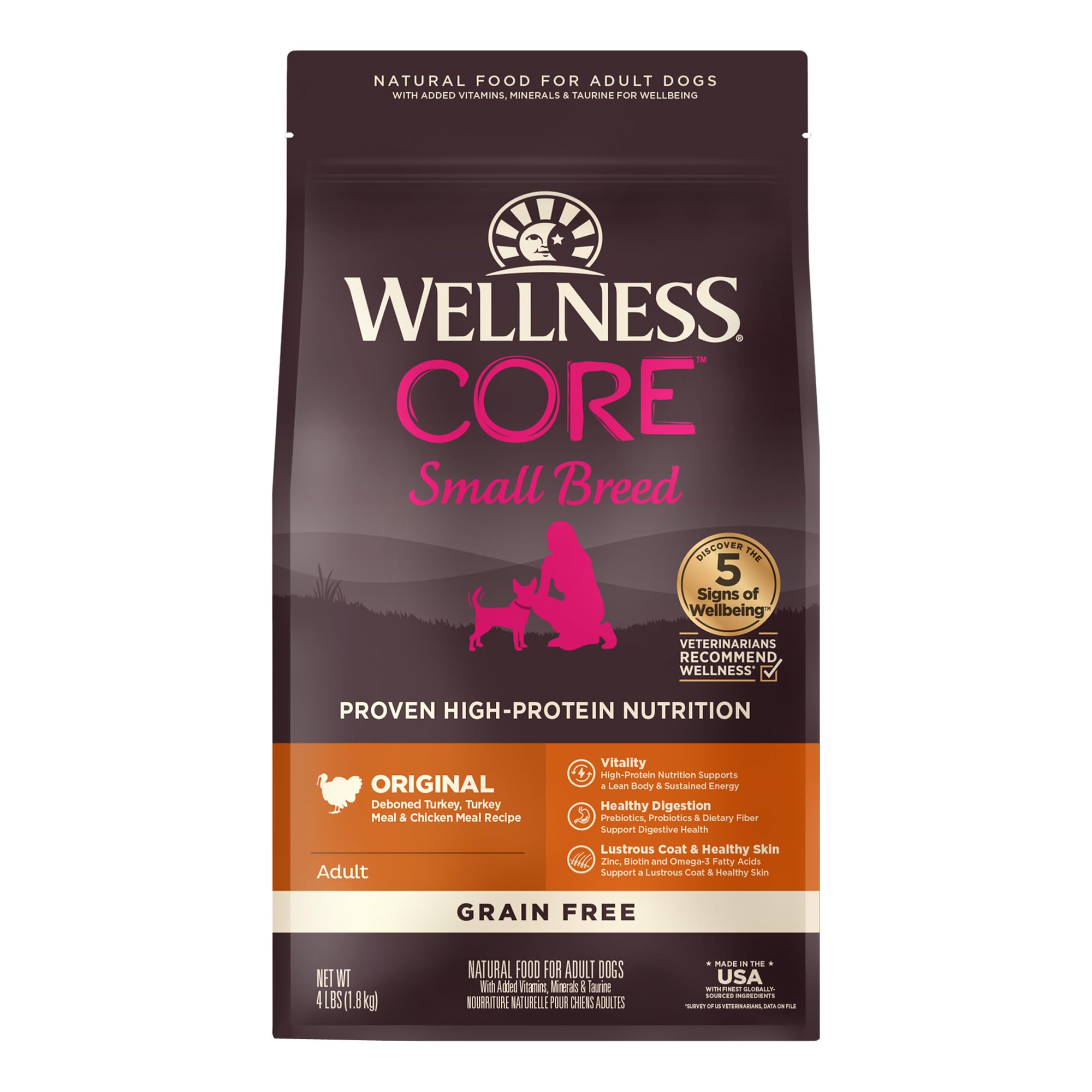 Wellness CORE Grain-Free Small Breed Dry Dog Food - High Protein Natural Recipe with Turkey & Chicken (4lb Bag) - Perfect for Active Small Dogs & Puppies