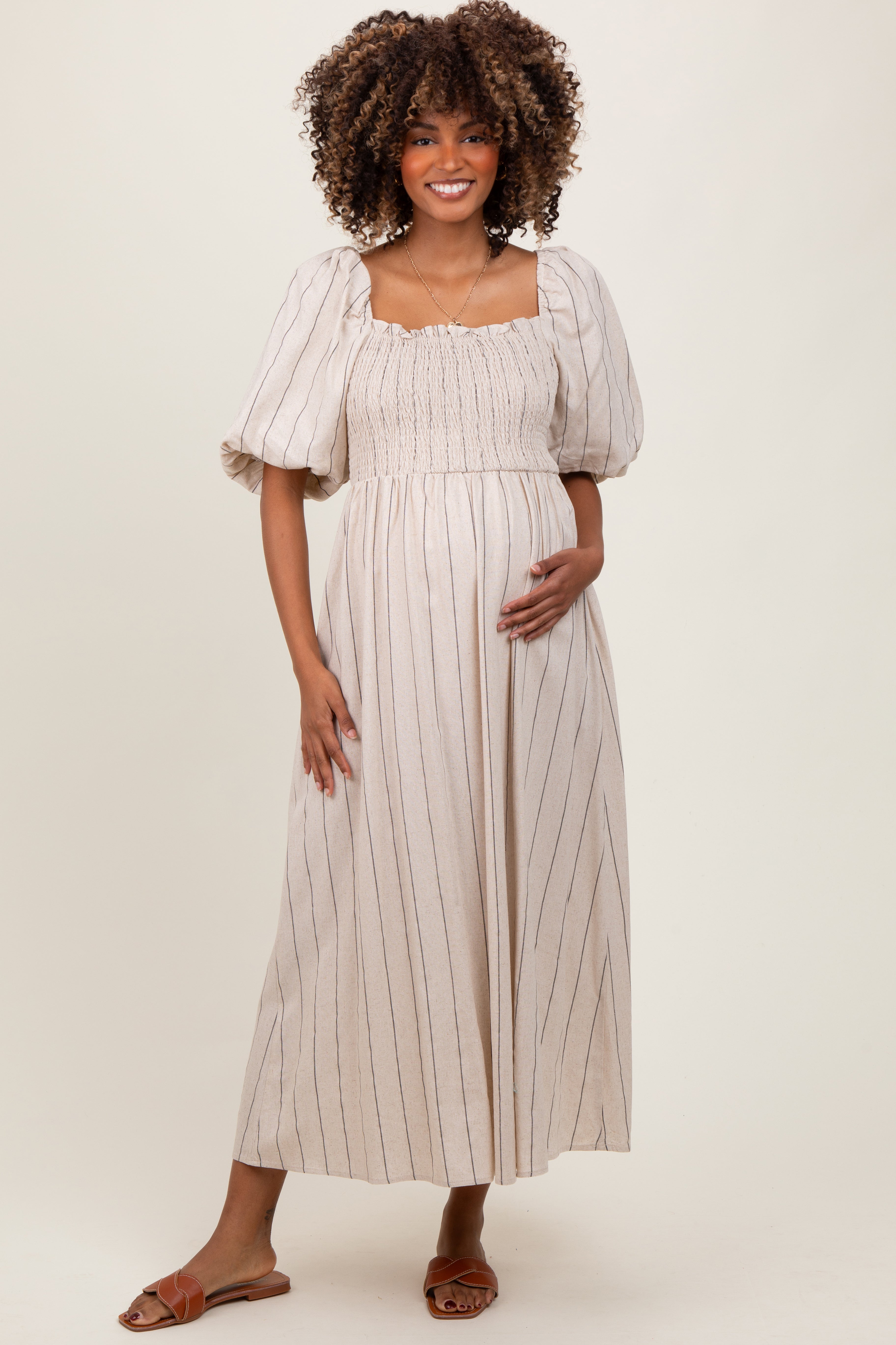 Beige Linen Stripe Puff Sleeve Maternity Midi Dress for Pregnancy - Comfortable Summer Maternity Dress for Baby Shower, Beach Vacation & Photoshoot