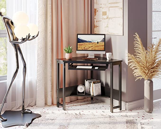 Vintage Corner Desk with Sturdy Steel Frame - Compact Triangle Computer Desk for Small Spaces, Includes Smooth Keyboard Tray & Storage Shelves - Perfect for Home Office, Gaming Setup or Dorm Room Workspace