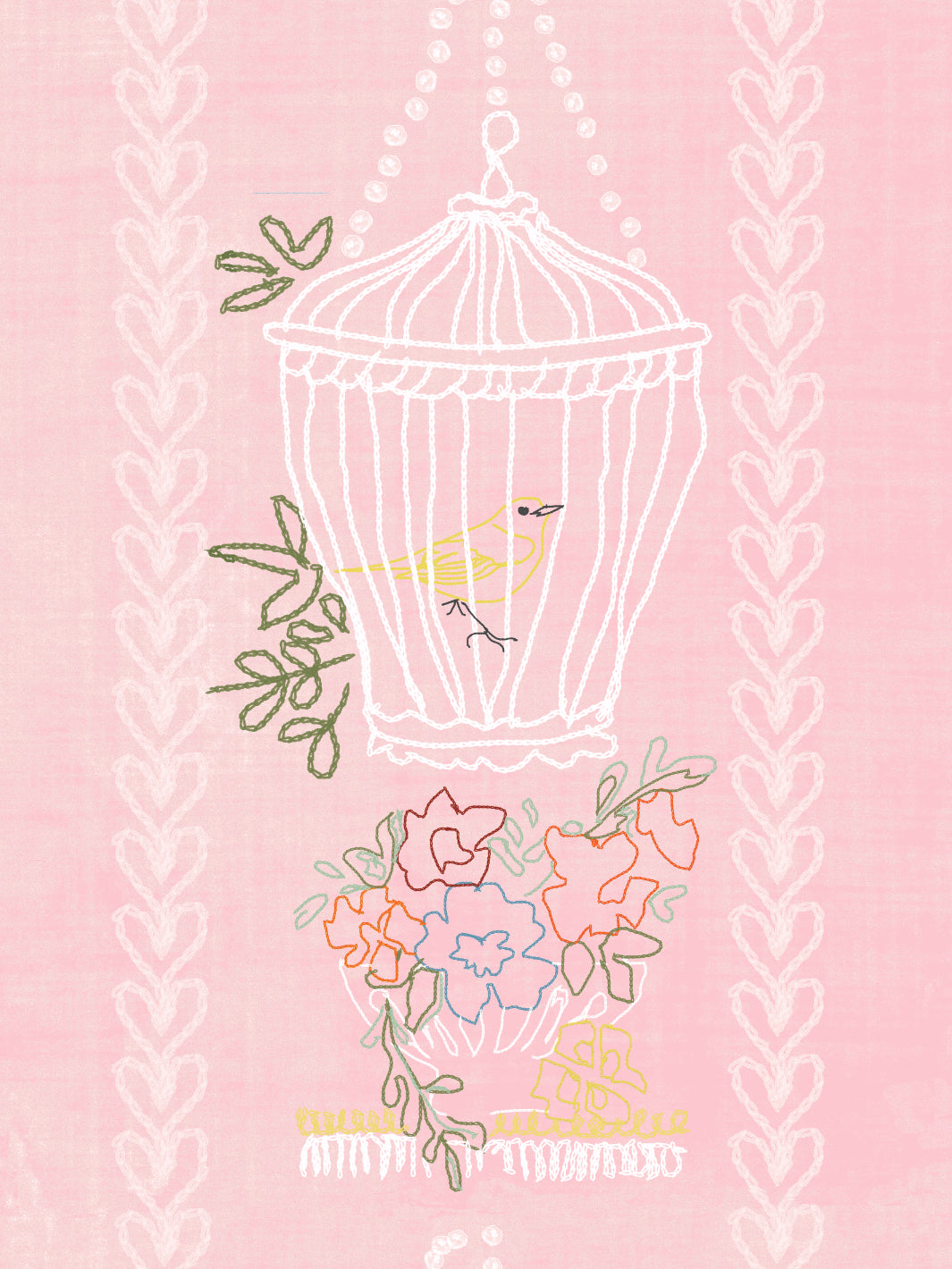 Lingua Franca Embroidered Birdcages Wallpaper - Pink Floral Peel & Stick Wallpaper for Bedroom, Nursery, or Home Decor