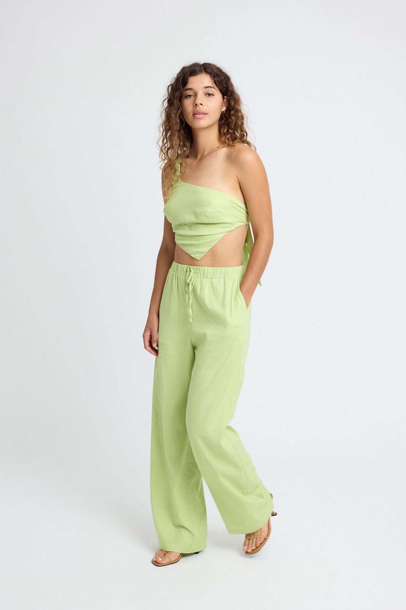 Sienna Linen Tie Top Women's Blouse - Soft Breathable Summer Shirt in Lime Green for Casual Outings & Beach Vacations