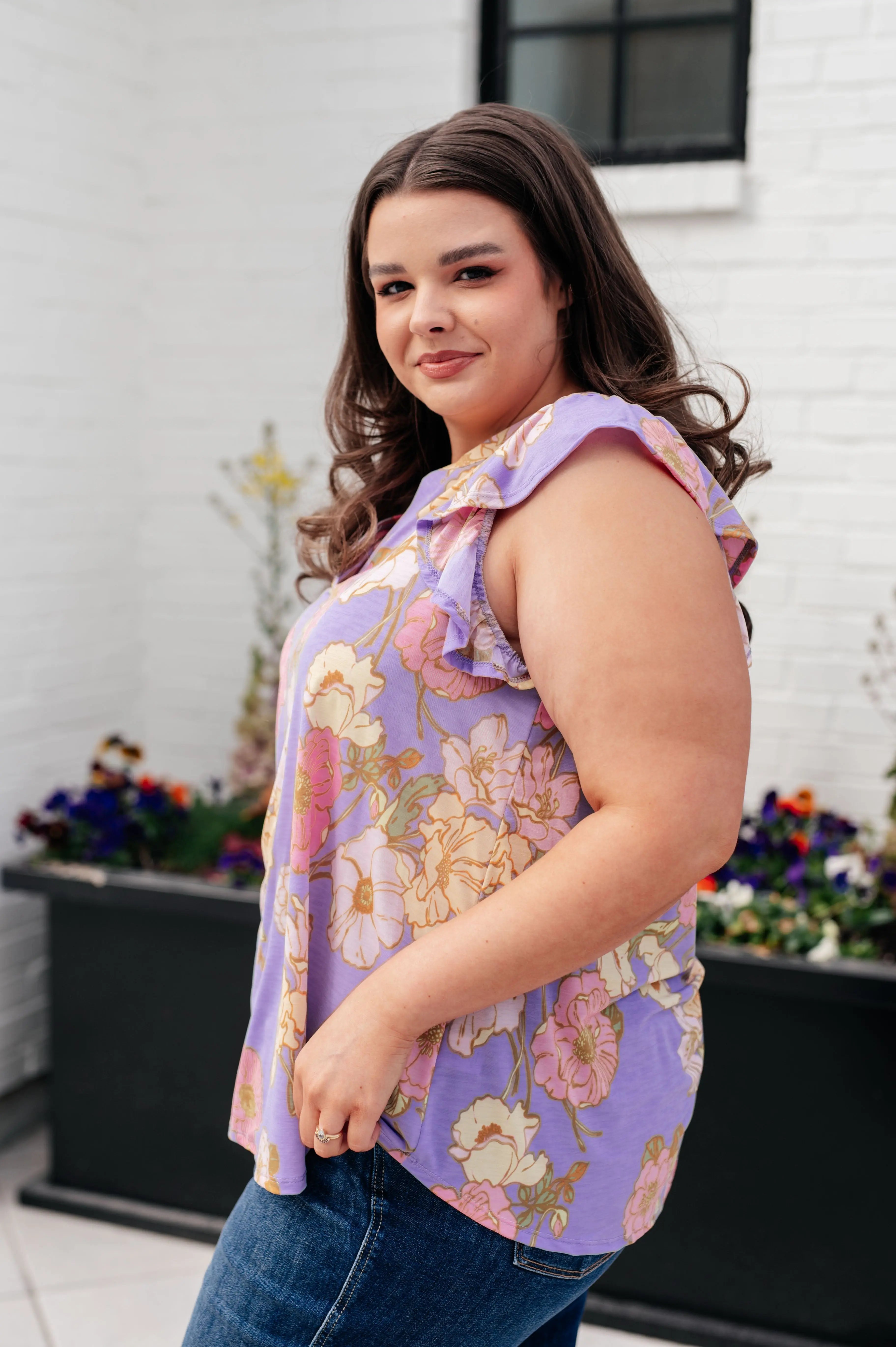 Lizzy Flutter Sleeve Top - Lavender French Floral Print Women's Blouse | Casual Summer Tops for Brunch, Date Night & Outdoor Events