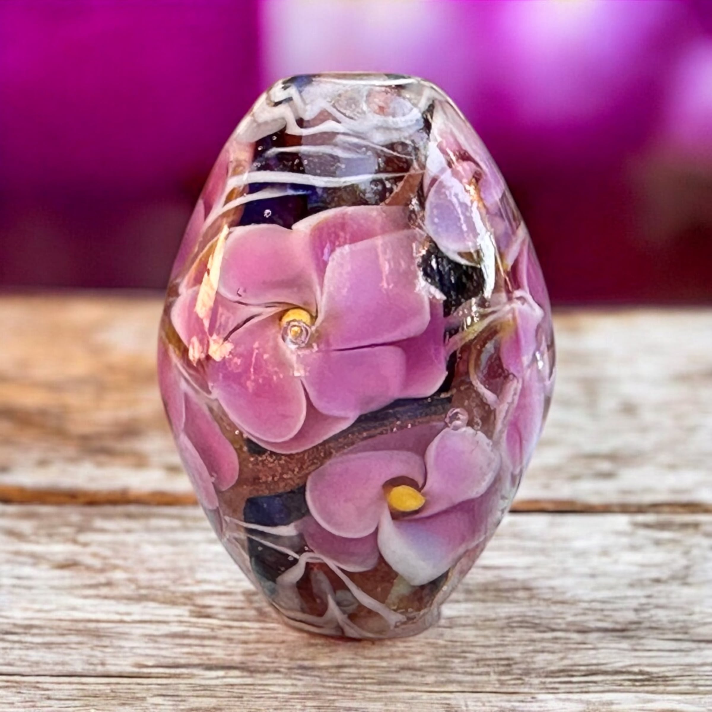 Pink Floral Shimmer Lampwork Glass Focal Bead for Jewelry Making - DIY Necklace, Bracelet & Earrings Design - Handmade Artisan Bead for Boho & Wedding Jewelry Crafting