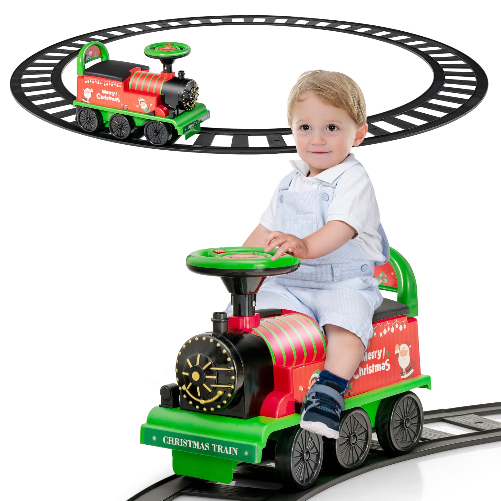 HONEY JOY 6V Battery Powered Electric Ride On Train Toy for Kids with 16 PCS Tracks, Flashing Lights & Music, Storage Seat - Playable Without Tracks - Perfect Gift for Boys & Girls (Green) - Indoor & Outdoor Play, Birthday & Christmas Present