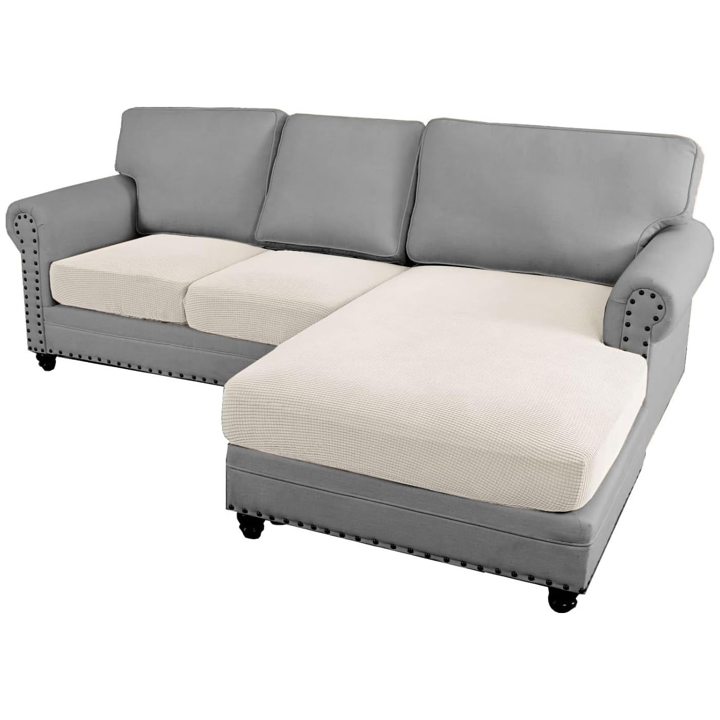 H.VERSAILTEX 3-Piece L-Shaped Sectional Sofa Covers - Reversible Left/Right Chaise & Seat Cushion Protectors (Ivory) | Perfect for Living Room, Family Room & Home Theater Furniture Protection