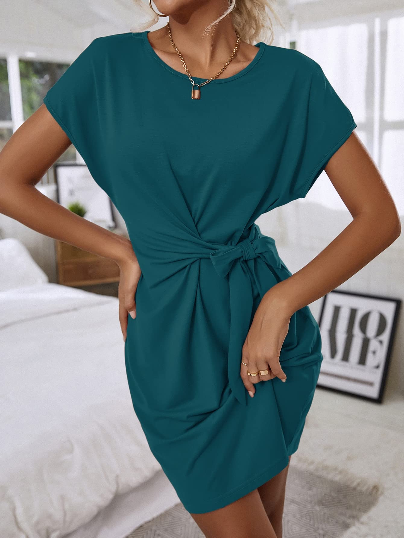 Knot Side Solid Batwing Sleeve Dress - Teal Blue Small | Elegant Women's Casual & Party Wear for Date Nights, Office Outfits and Special Occasions