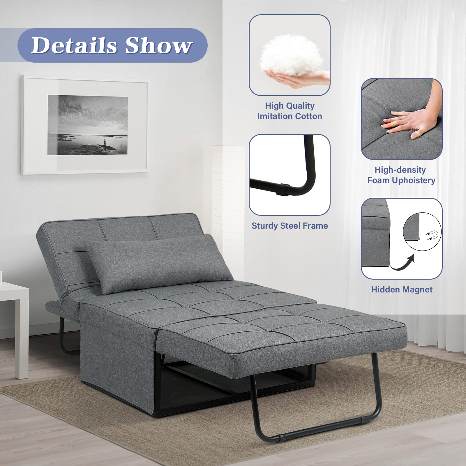 Saemoza 4-in-1 Convertible Sofa Bed - Multi-Functional Folding Ottoman Sleeper with Adjustable Backrest, Modern Space-Saving Furniture for Living Room, Small Apartment, Guest Room & Home Office - Light Gray