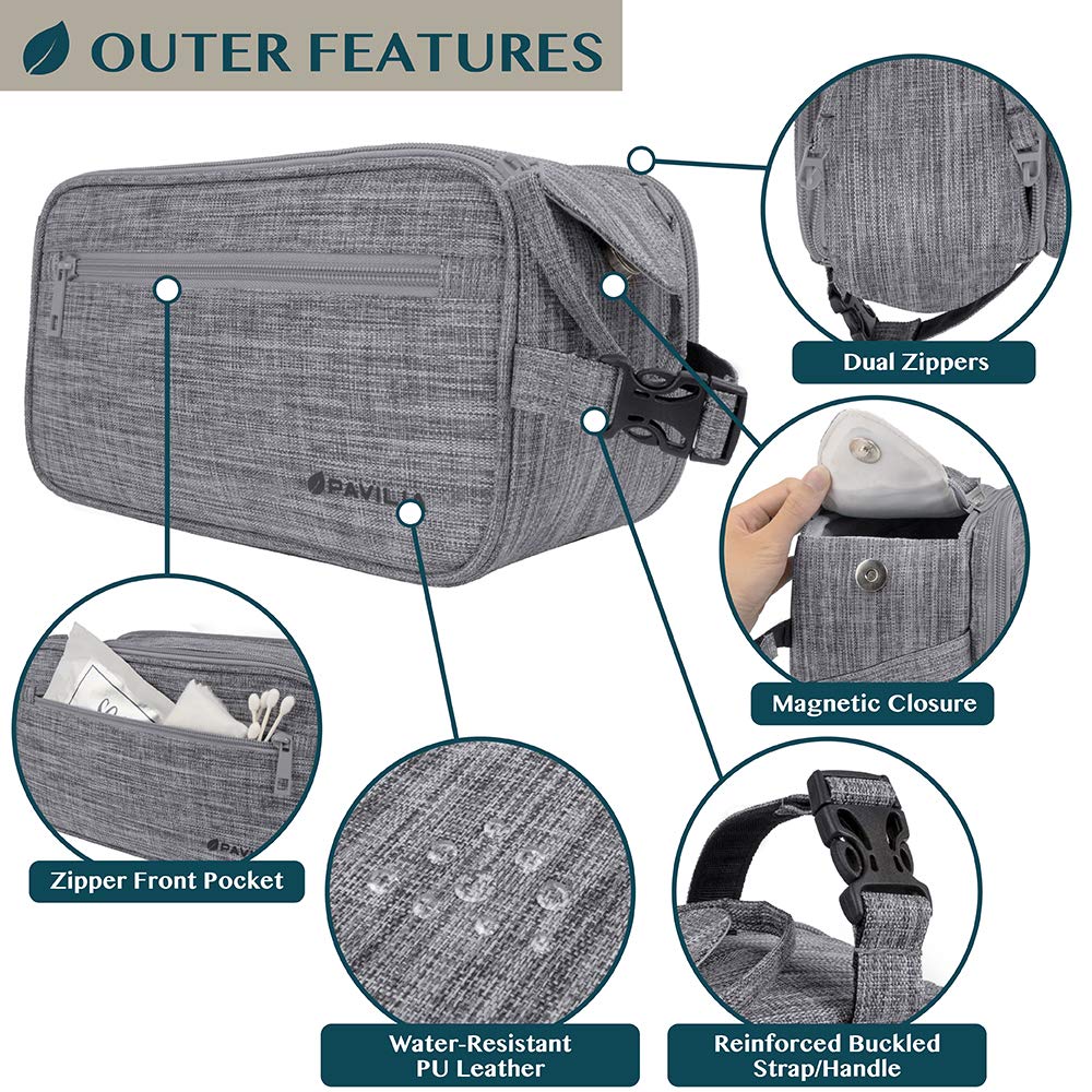 PAVILIA Men's Travel Toiletry Bag - Water Resistant PU Leather Dopp Kit & Shaving Essentials Organizer for Grooming (Heather Grey) - Perfect for Business Trips, Gym, Camping & Vacation