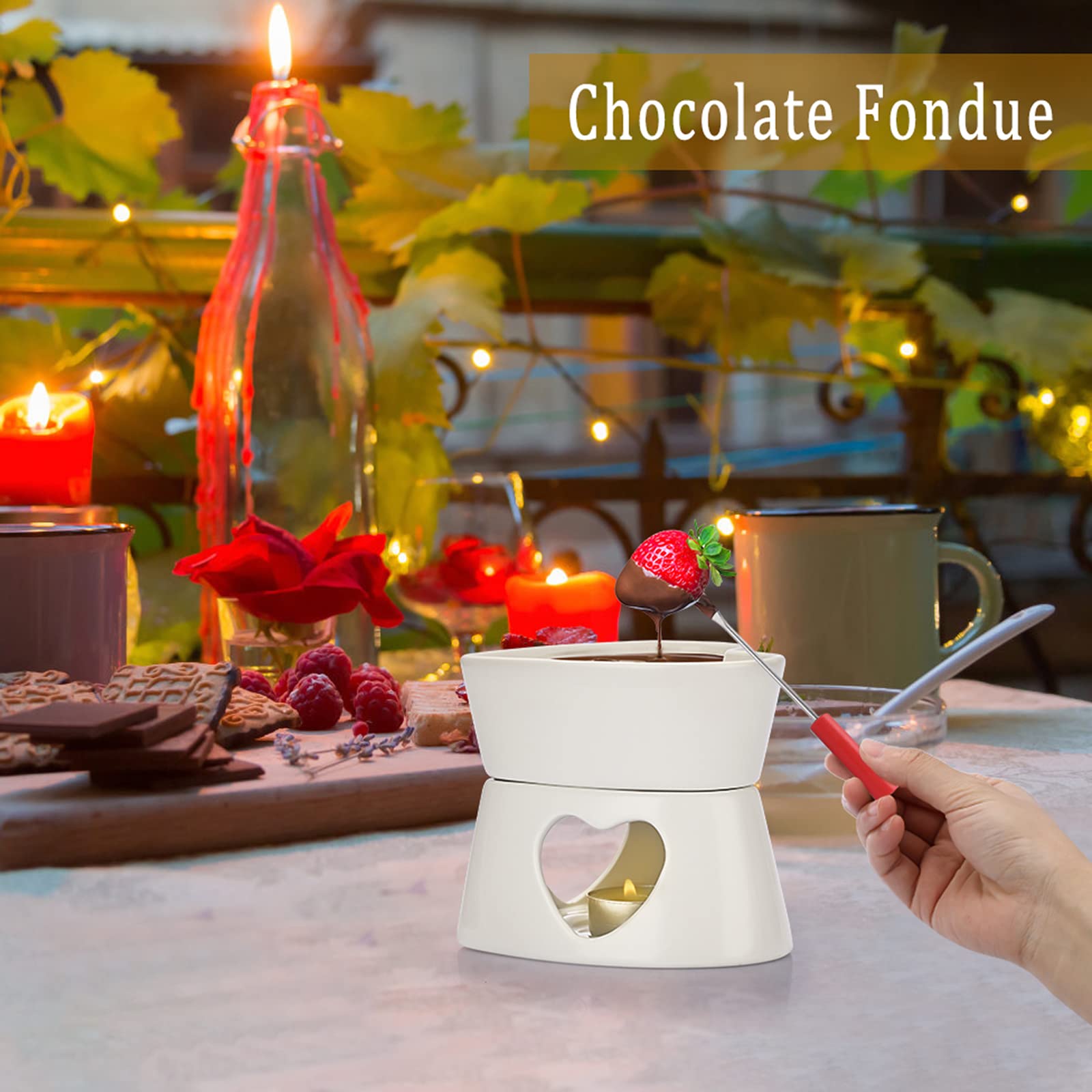 White Ceramic Butter Warmer Set - Heart Shaped Fondue Pot for Melting Cheese, Chocolate & Caramel - Includes 4 Forks - Perfect for Romantic Dinners, Parties & Family Gatherings