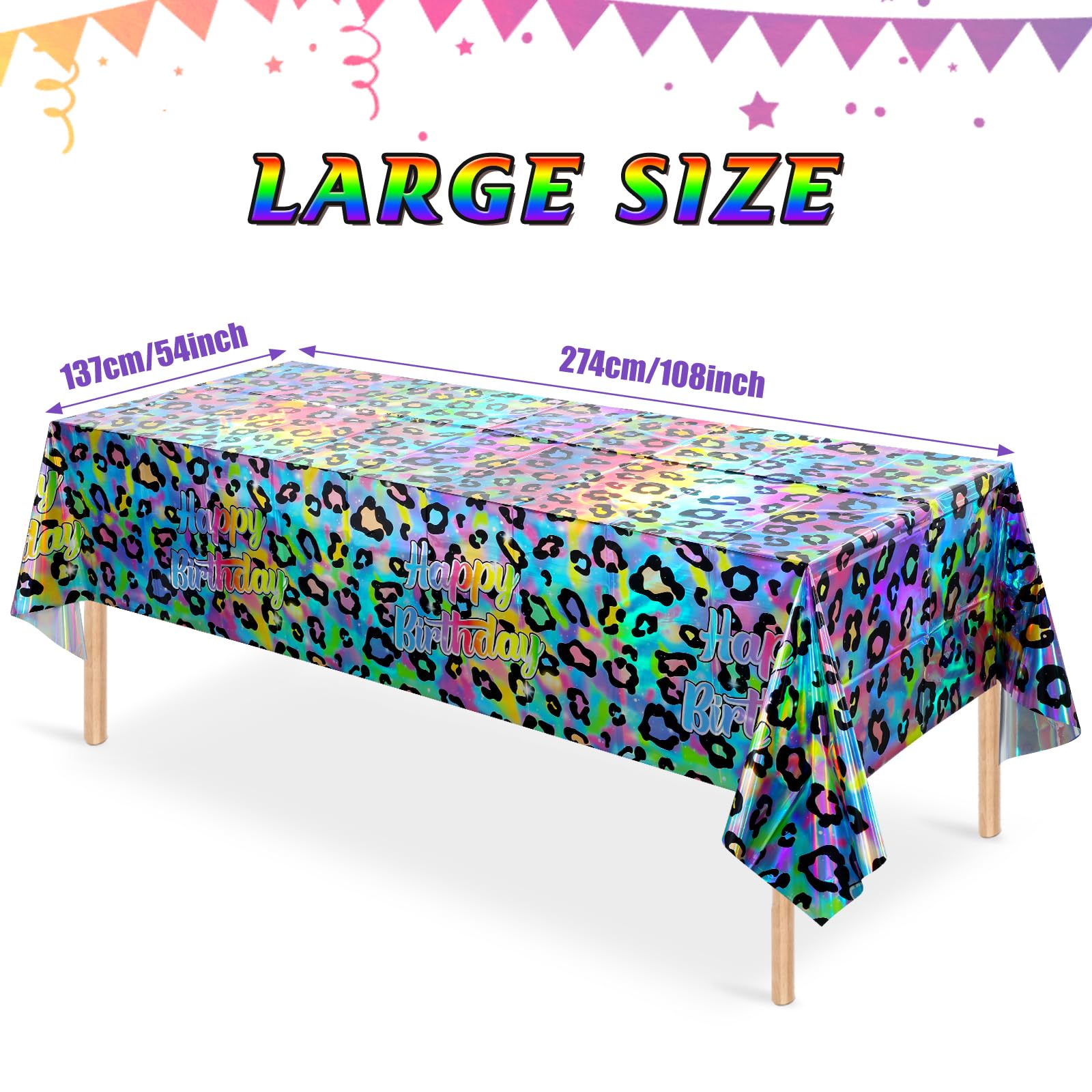 3 Pack Cheetah Print Disposable Plastic Tablecloths - 54x108 Inch Iridescent Neon Rainbow Leopard Birthday Party Decorations - Safari Theme Table Covers for Birthday, Baby Shower, Bridal Shower & Holiday Celebrations