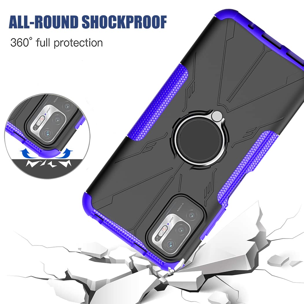 Premium Shockproof Phone Case for Redmi Note 10 5G/Poco M3 Pro/Redmi Note 10T 5G - Includes Tempered Glass Screen Protector & Metal Ring Holder Kickstand - Durable Protection Cover for Xiaomi Redmi Note 10 5G (Purple) - Perfect for Work, Travel and Everyday Use