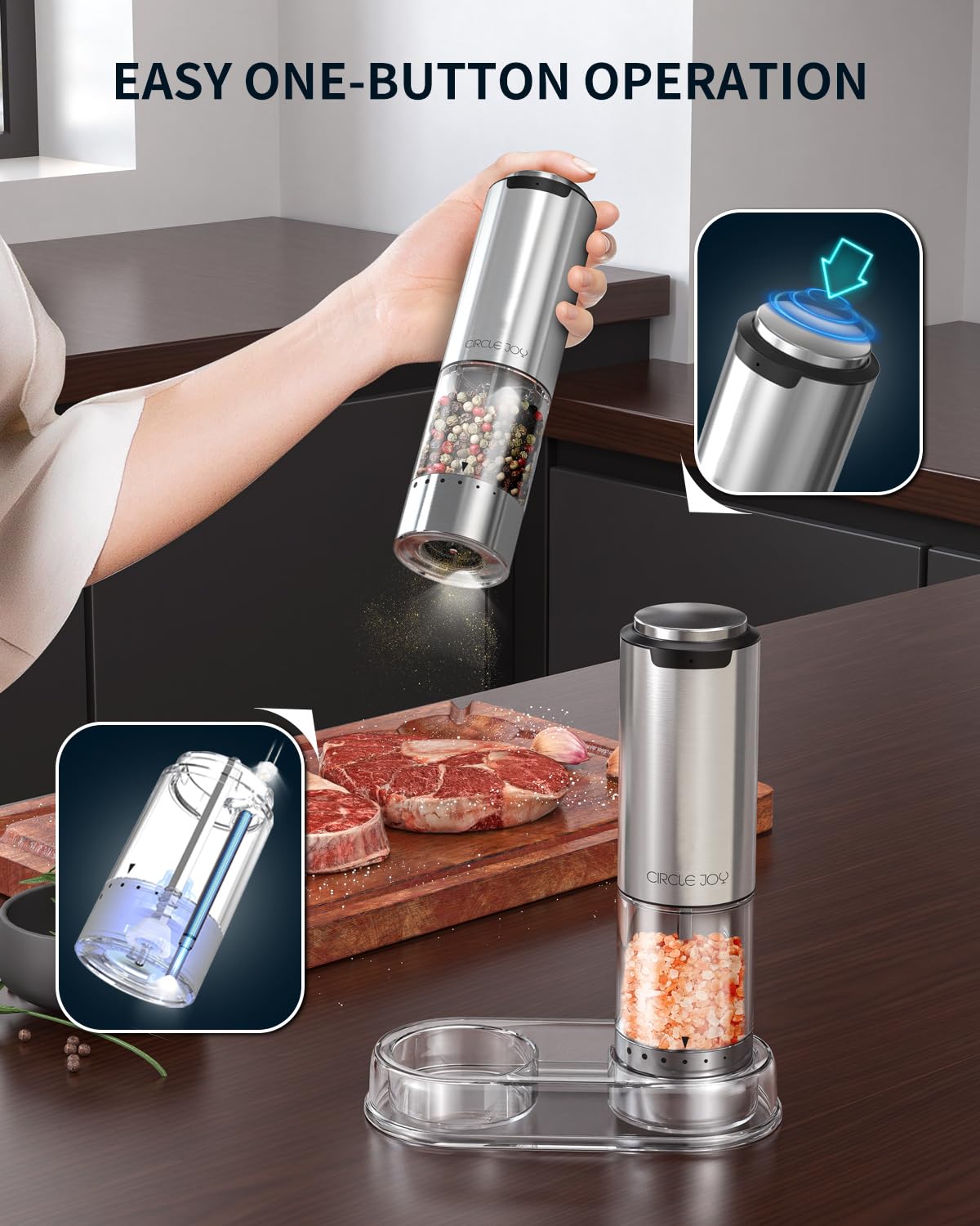 Rechargeable Electric Salt and Pepper Grinder Set with Adjustable Coarseness - Stainless Steel Pepper Mill with LED Light & 95ml Washable Container - Perfect for Kitchen, Dining Table, Camping & Gifting (Silver)