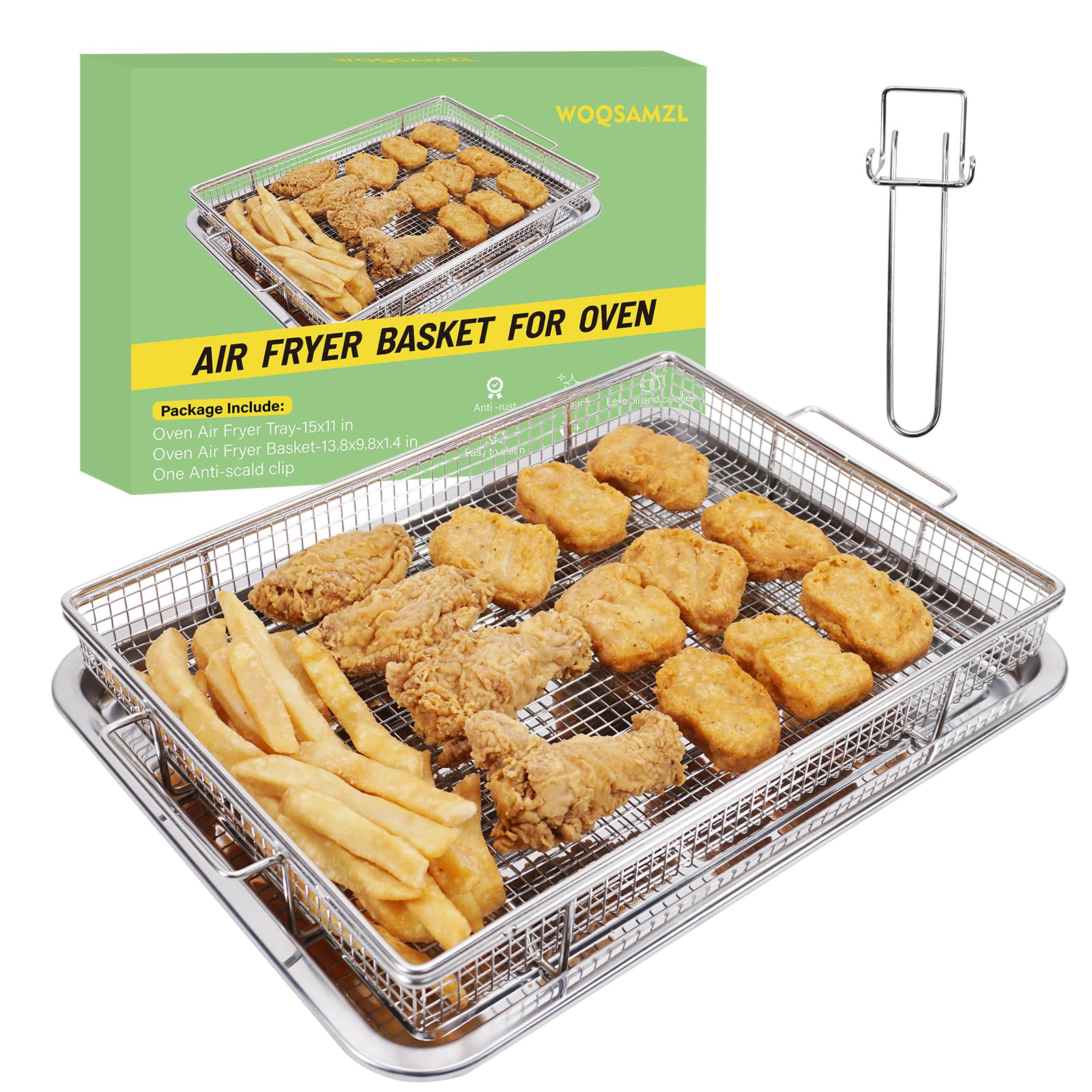 Stainless Steel Air Fryer Basket for Oven - 2-Piece Set with Heavy-Duty Wire Rack & Anti-Scald Handle Clip (12.8